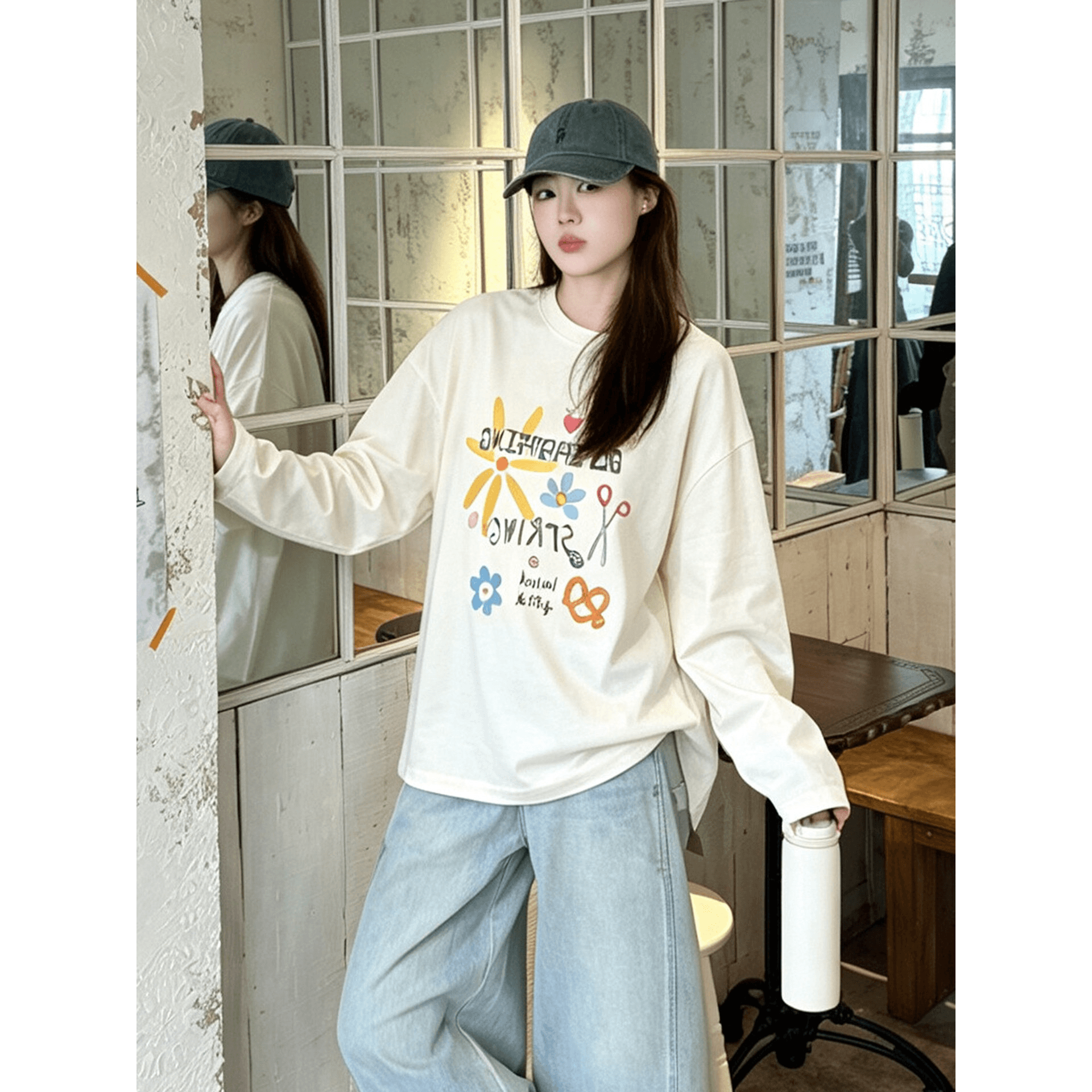 높은 품질 순면 200그램 21 빗질하다 정밀 프린트 가을 루즈핏 긴팔 티셔츠 여성 이미지 5