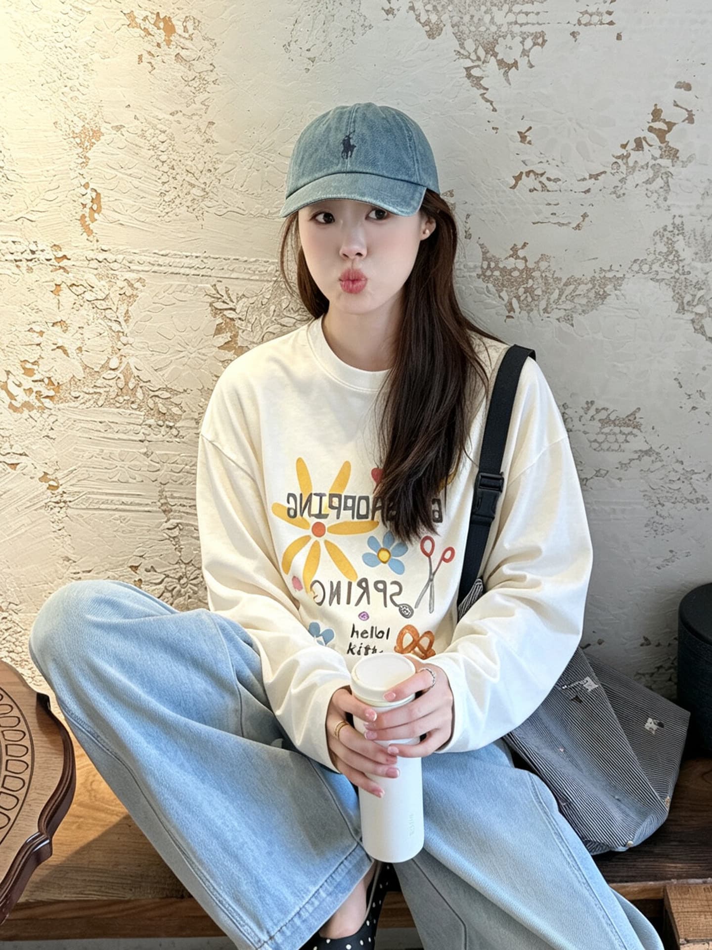 높은 품질 순면 200그램 21 빗질하다 정밀 프린트 가을 루즈핏 긴팔 티셔츠 여성 상세 이미지 1