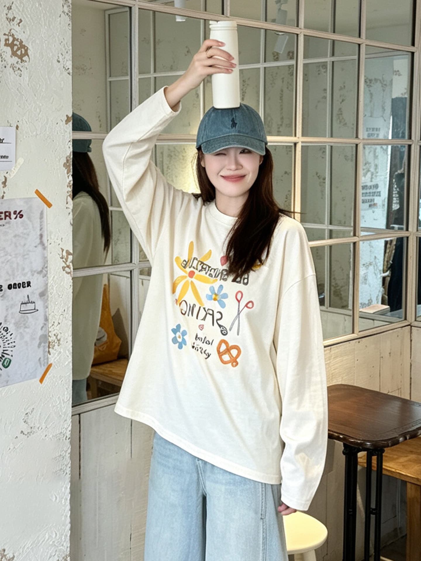 높은 품질 순면 200그램 21 빗질하다 정밀 프린트 가을 루즈핏 긴팔 티셔츠 여성 상세 이미지 3