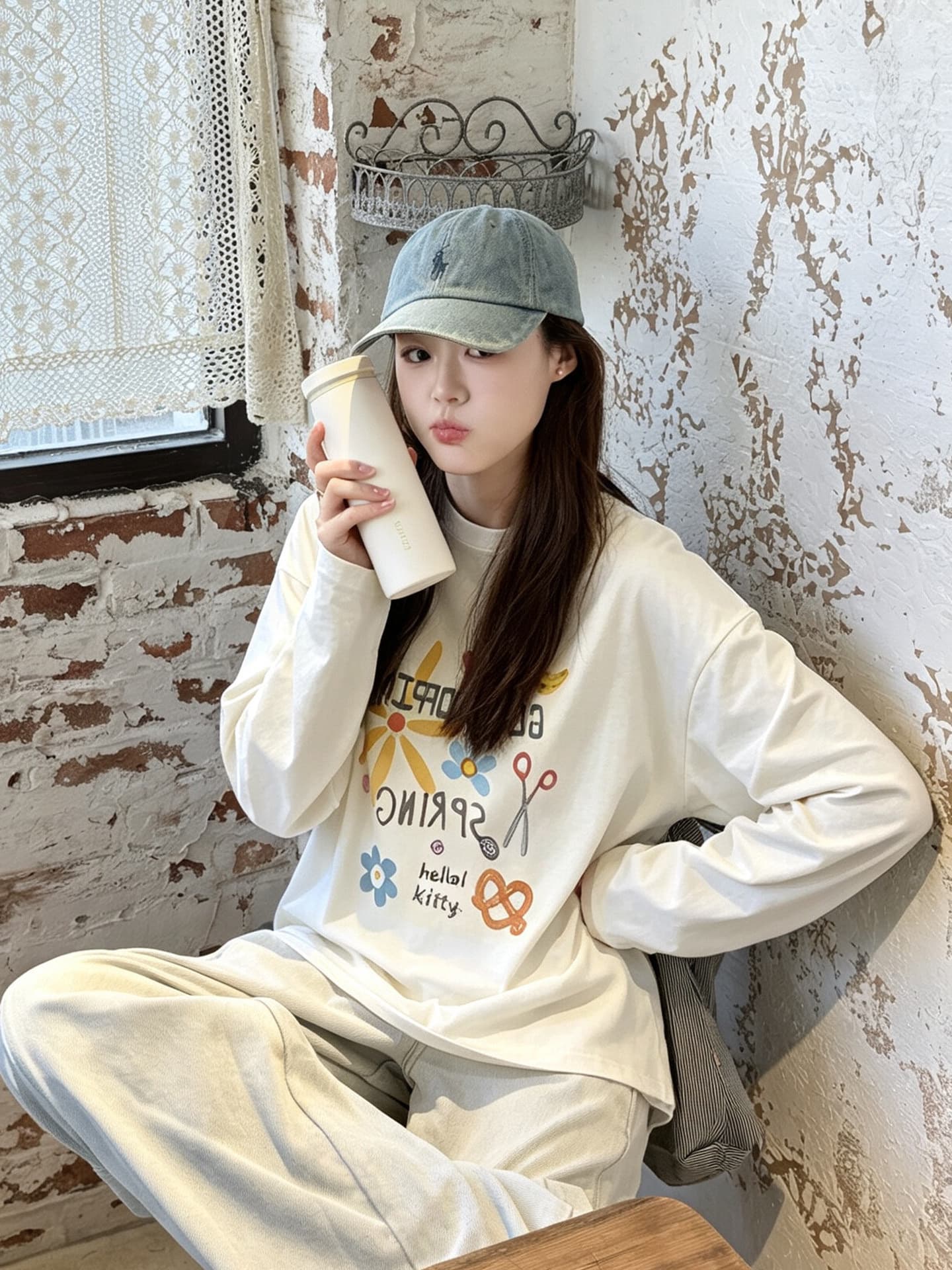 높은 품질 순면 200그램 21 빗질하다 정밀 프린트 가을 루즈핏 긴팔 티셔츠 여성 상세 이미지 4