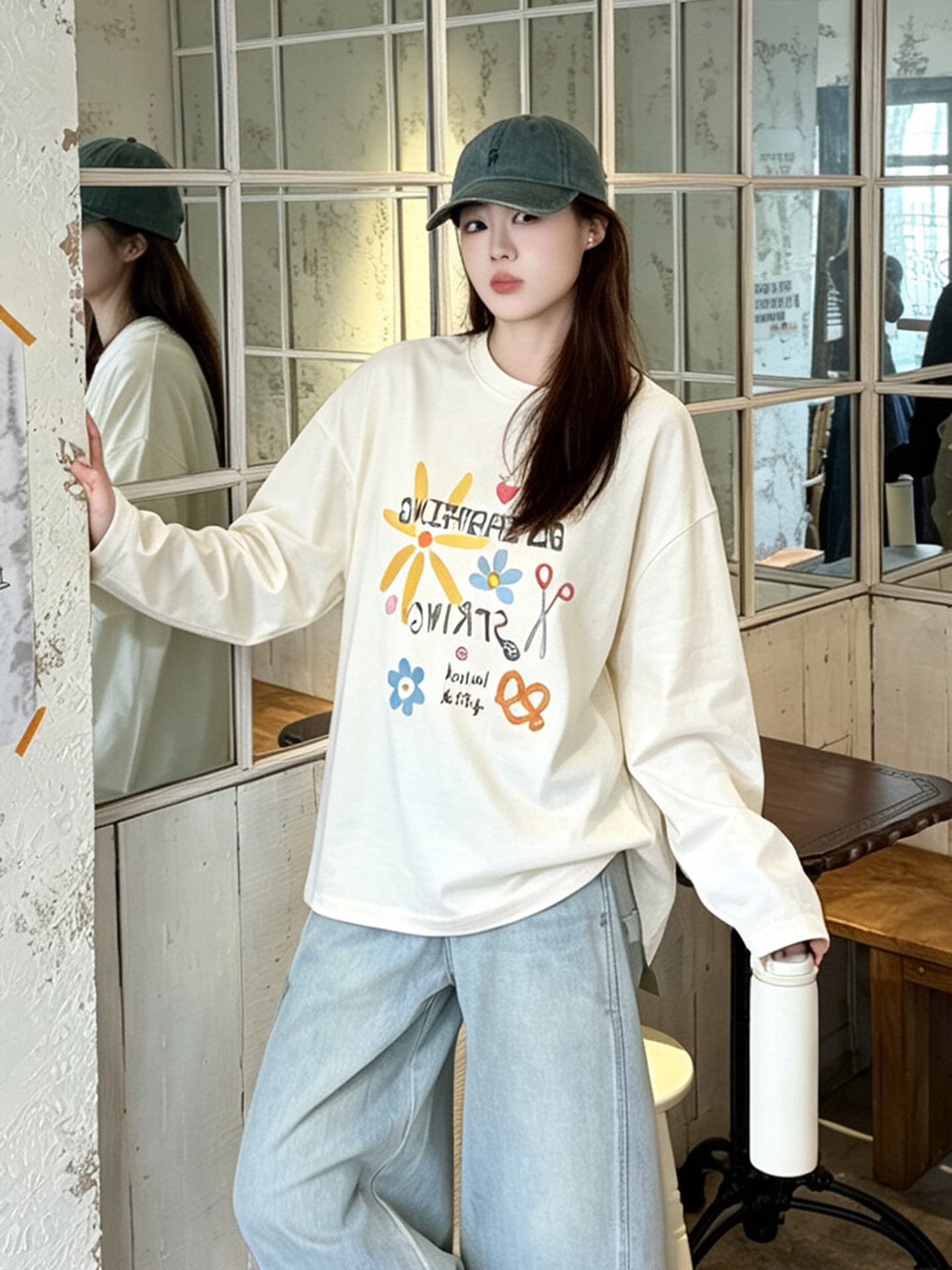 높은 품질 순면 200그램 21 빗질하다 정밀 프린트 가을 루즈핏 긴팔 티셔츠 여성 상세 이미지 5
