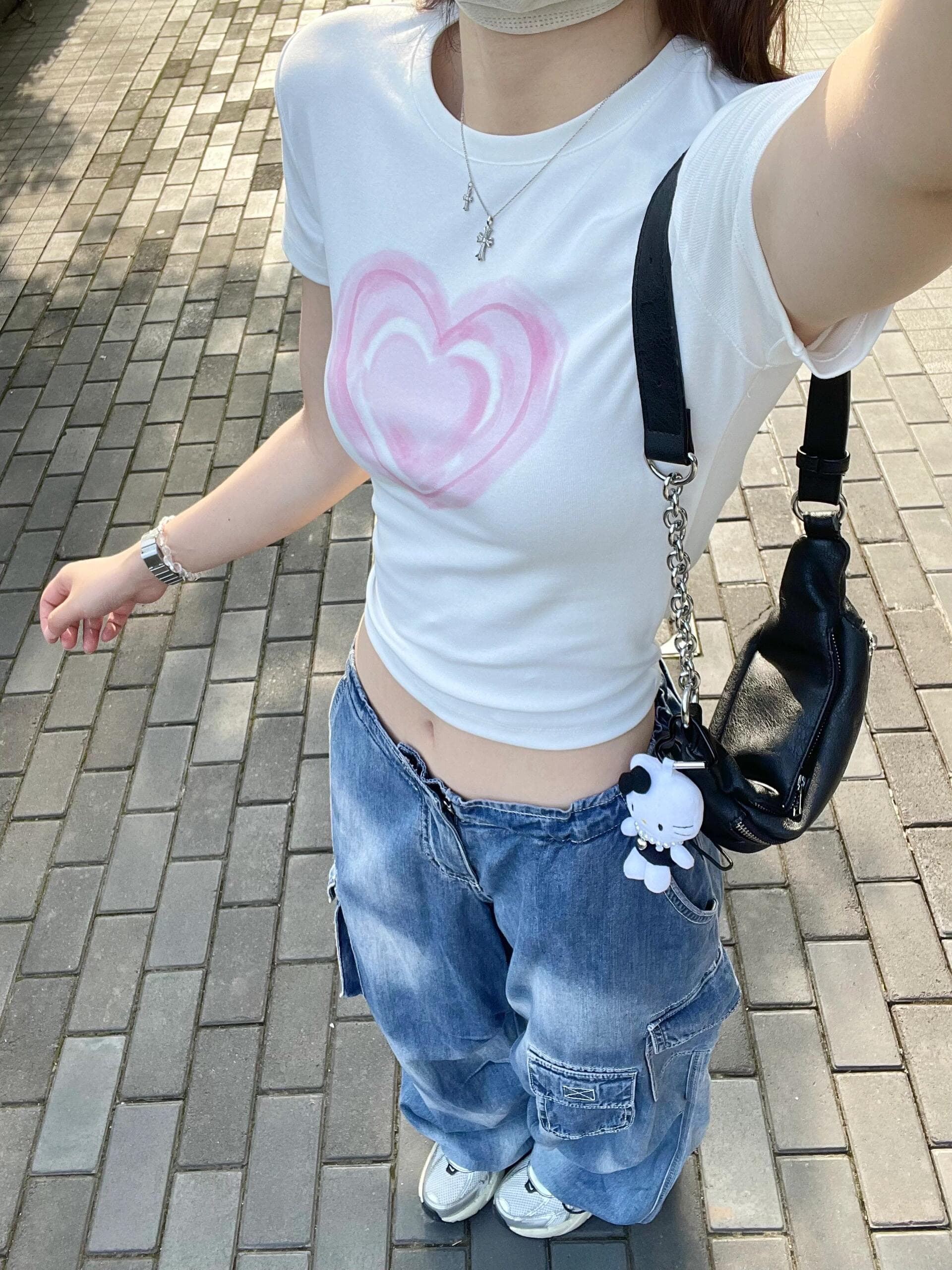 아메리칸 핫걸 쇼트 스타일 라운드 넥 프린트 반팔 티셔츠 이미지 2