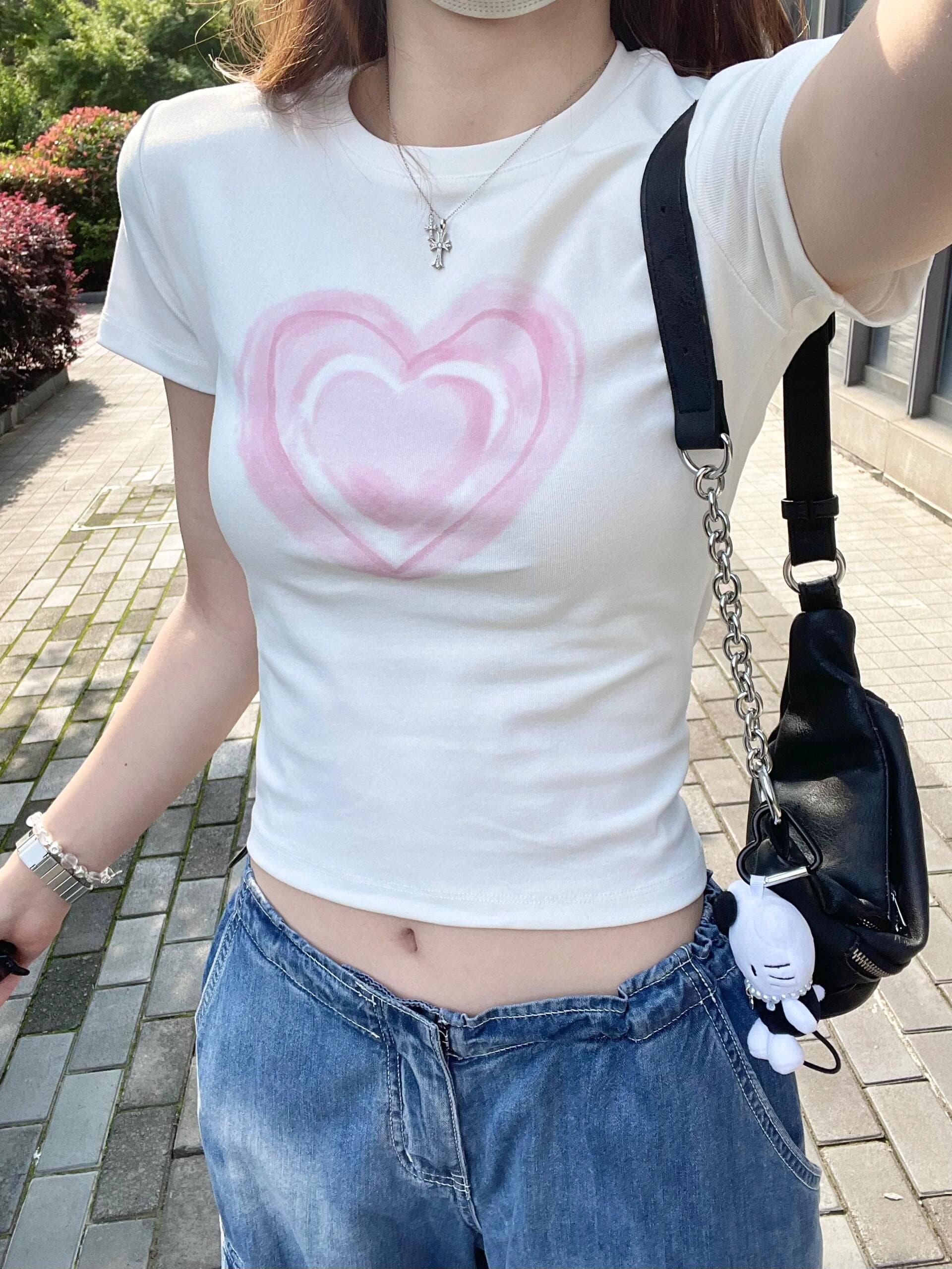 아메리칸 핫걸 쇼트 스타일 라운드 넥 프린트 반팔 티셔츠 이미지 3