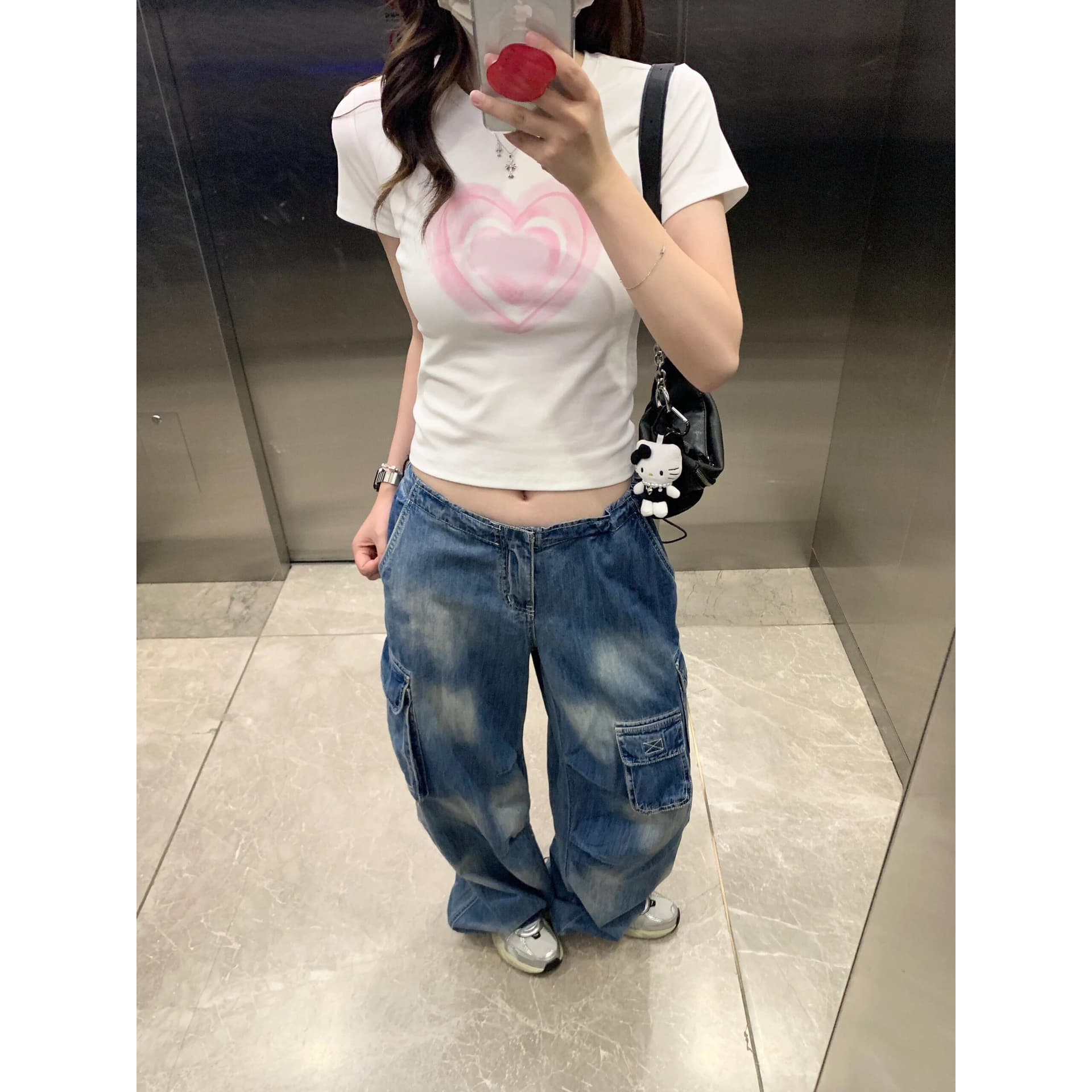 아메리칸 핫걸 쇼트 스타일 라운드 넥 프린트 반팔 티셔츠 이미지 5