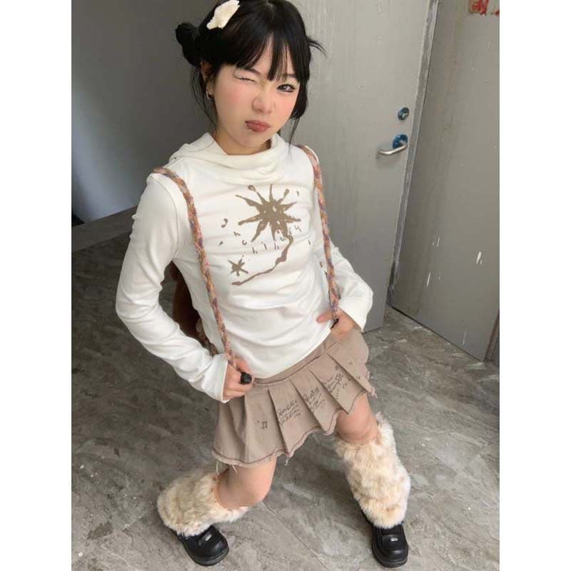 아메리칸 레트로 긴팔 티셔츠 여성 봄 가을 새로운 디자인 작은 대중 몸매 가꾸기 슬림해 보이는 프린트 후드 만나는 맨위 이미지 3