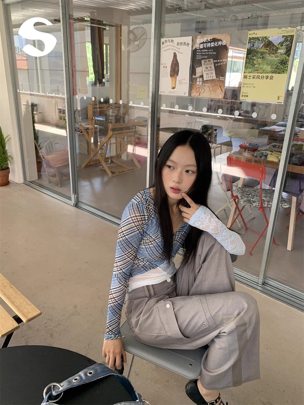 거리 아메리칸 핫걸 체크무늬 패치워크 망사 레이스 얇은 스타일 만나는 몸매 가꾸기 긴팔 맨위 이미지 4