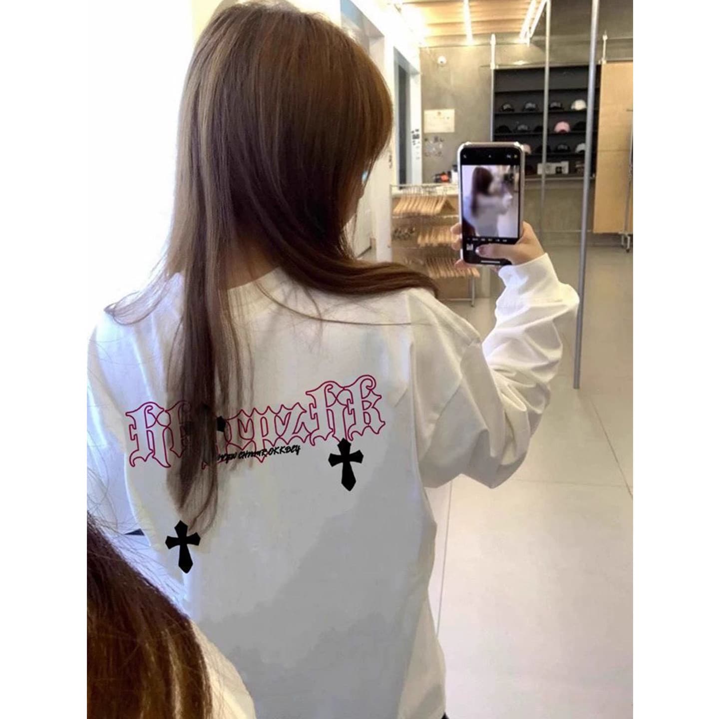 원본 것 순면 200그램 21 음식 털 느낌 프린트 루즈핏 만나는 손 소매 뭉치 구두 긴팔 티셔츠