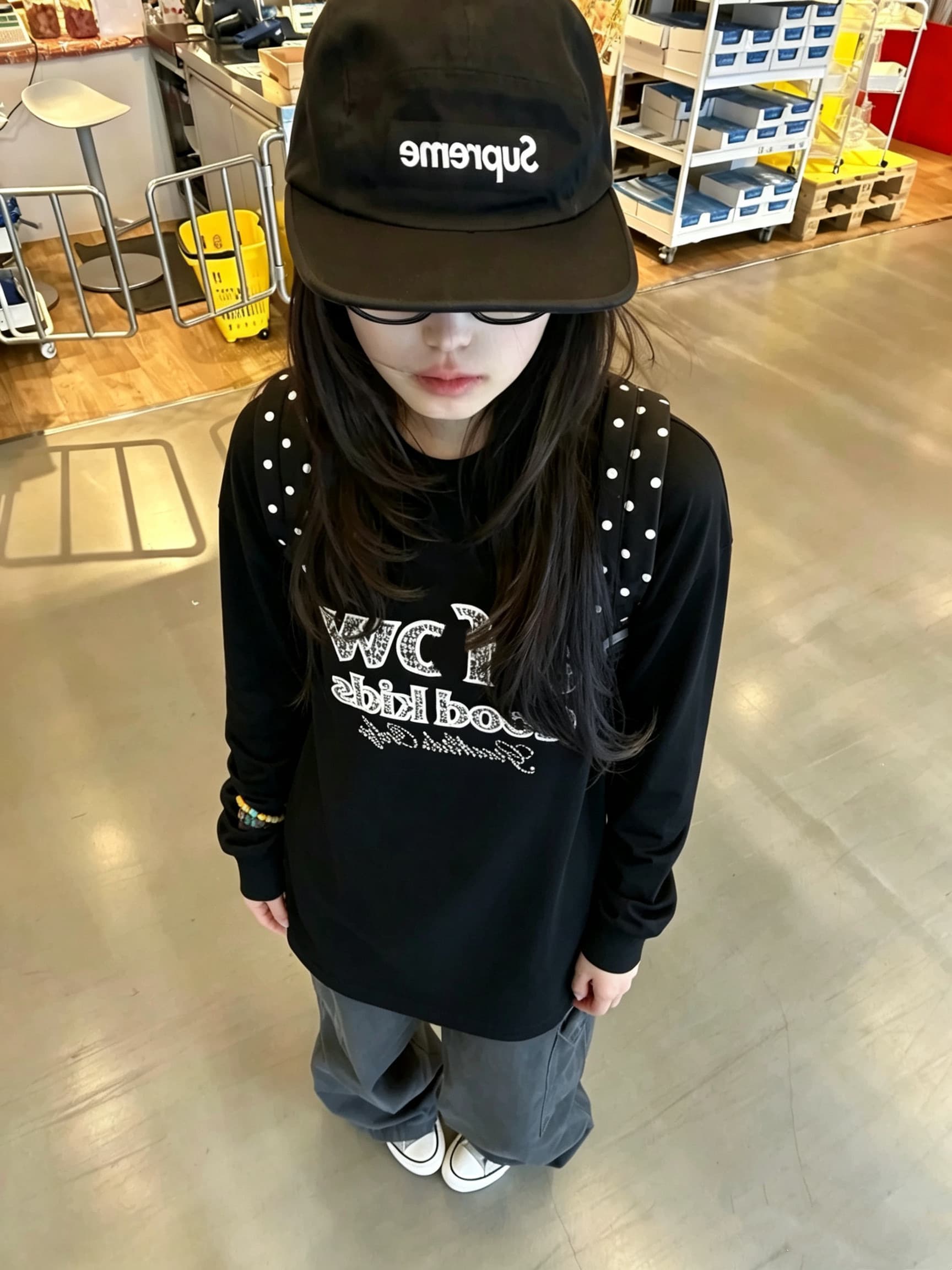 원본 것 순면 200그램 21 음식 털 느낌 프린트 루즈핏 만나는 손 소매 뭉치 구두 긴팔 티셔츠 이미지 3