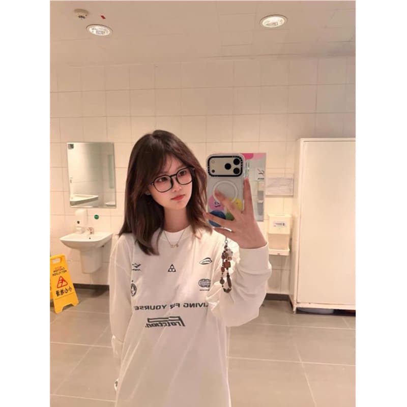 원본 것 순면 200그램 21 음식 털 느낌 프린트 루즈핏 만나는 손 소매 뭉치 구두 긴팔 티셔츠
