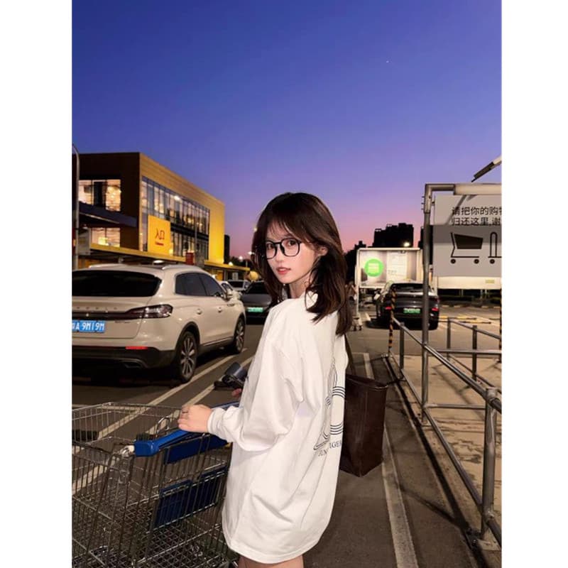 원본 것 순면 200그램 21 음식 털 느낌 프린트 루즈핏 만나는 손 소매 뭉치 구두 긴팔 티셔츠 이미지 3