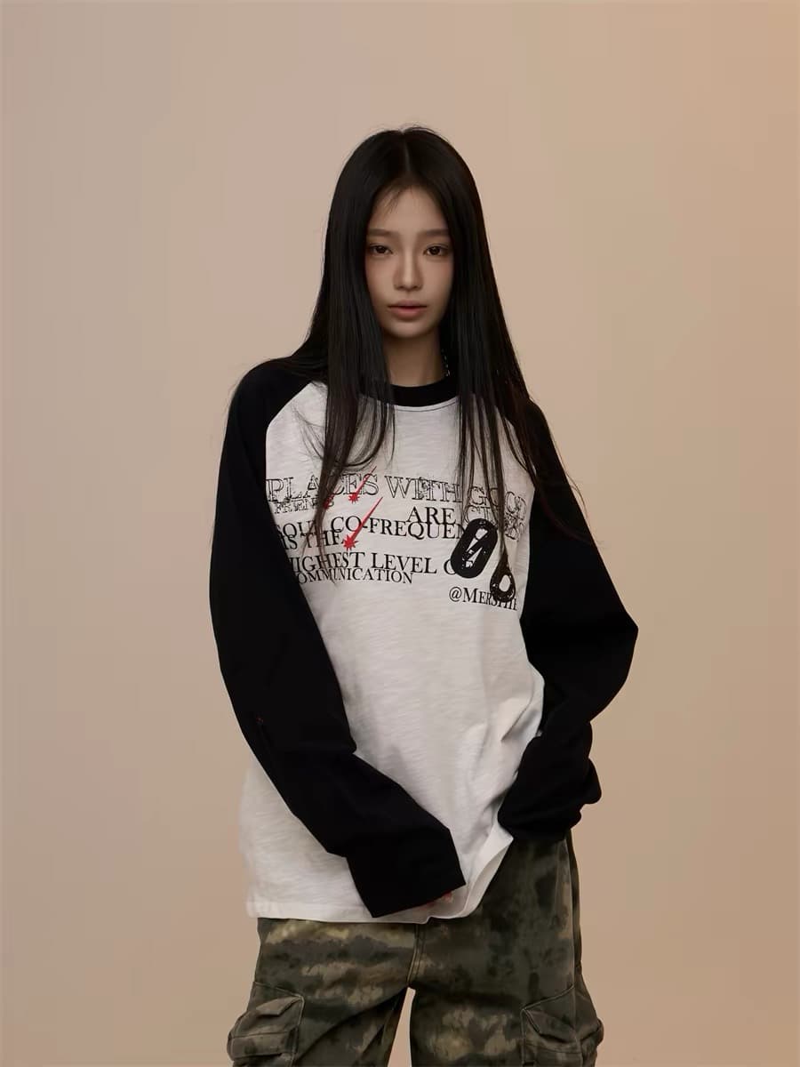 아메리칸 알파벳 순면 프린트 패치워크 색상 긴팔 티셔츠 여성 2026 봄 가을 기초 루즈핏 캐주얼 기본 셔츠 맨위 상세 이미지 2