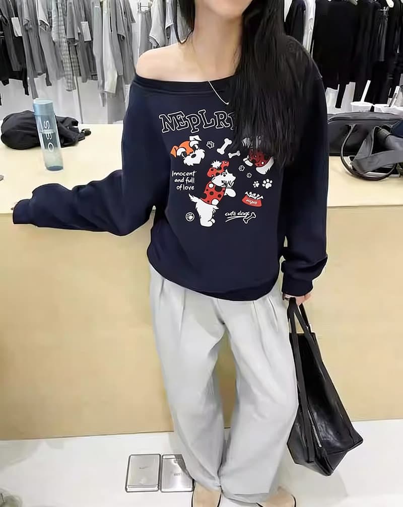 아메리칸 비스듬한 어깨 긴팔 후드티 여성 디자인 센스 프린트 품격 오프숄더 맨위 상세 이미지 2