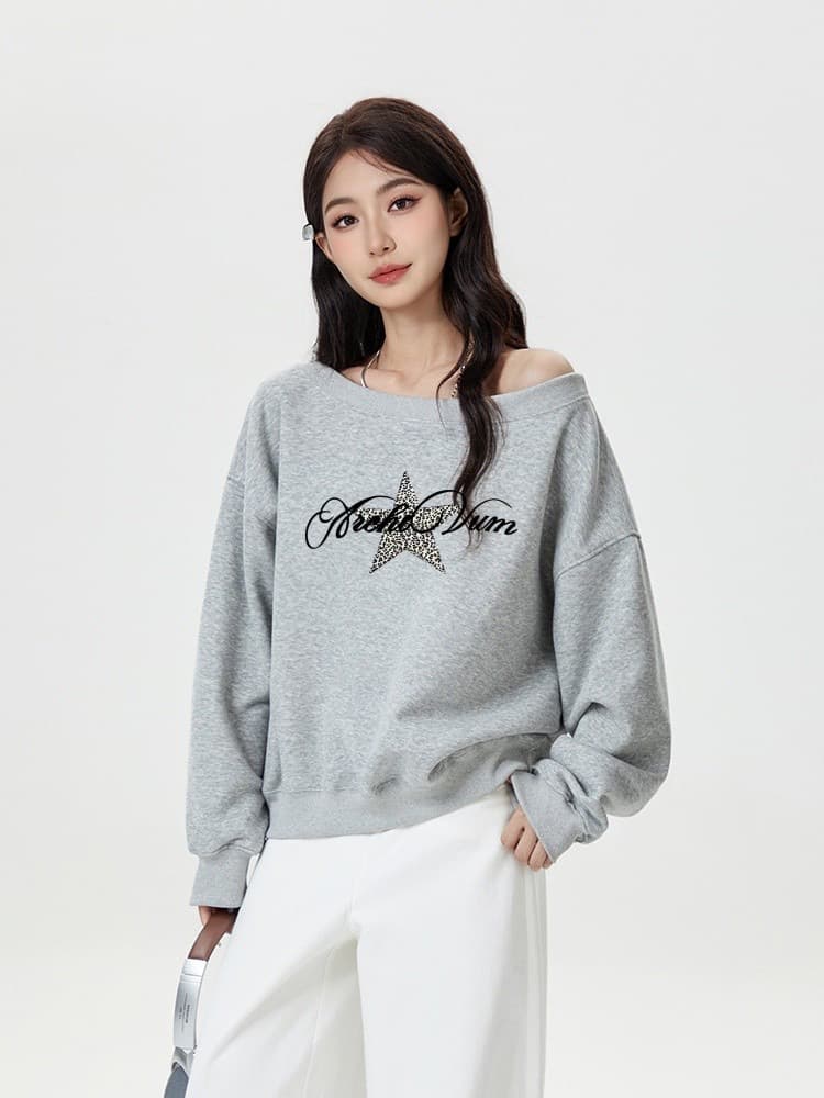 아메리칸 비스듬한 어깨 긴팔 후드티 여성 디자인 센스 프린트 품격 오프숄더 맨위