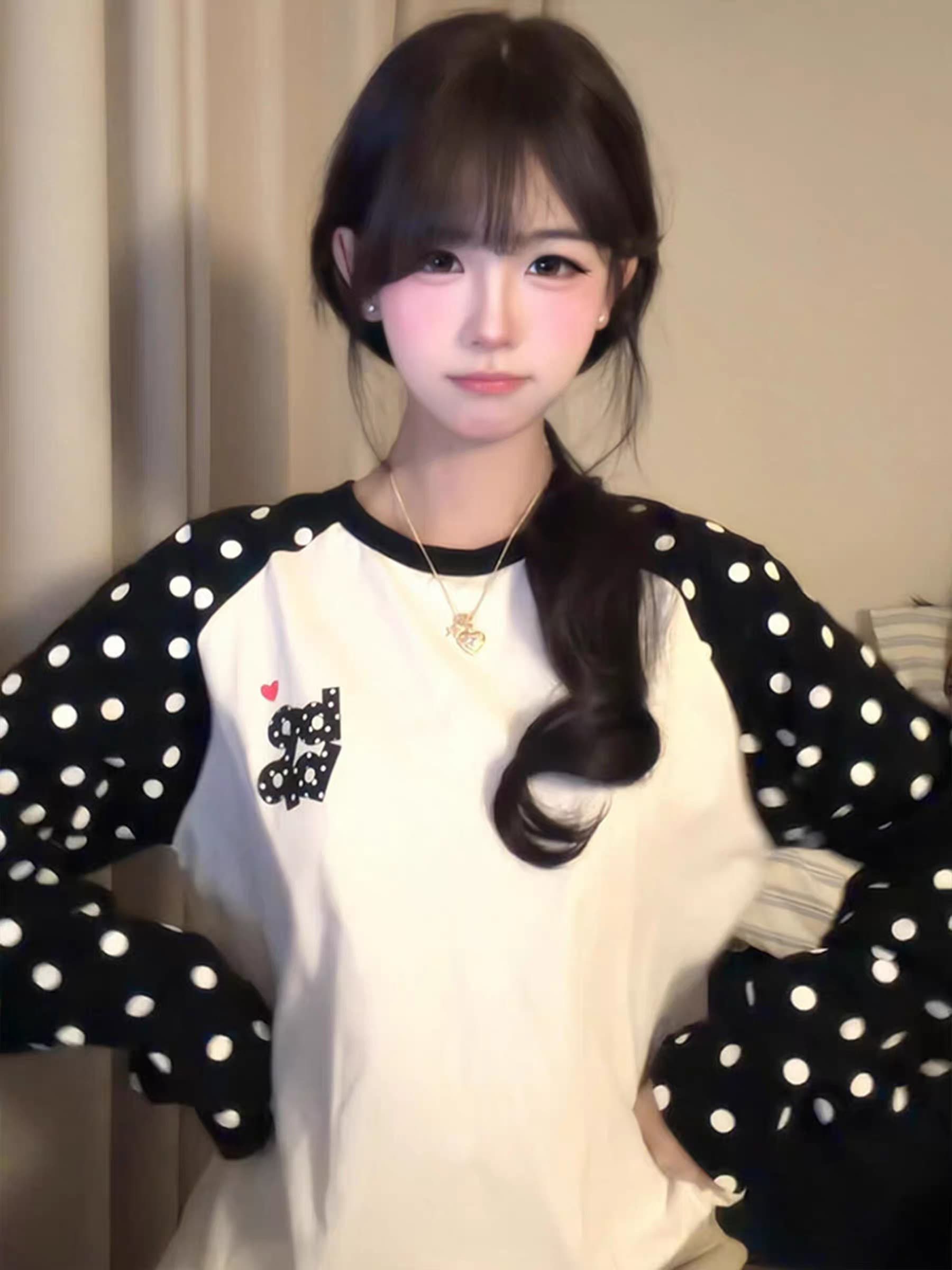 좋은 품질 비 압력 그림 19 지점 220 그램 순면 긴팔 티셔츠 여성 상세 이미지 1
