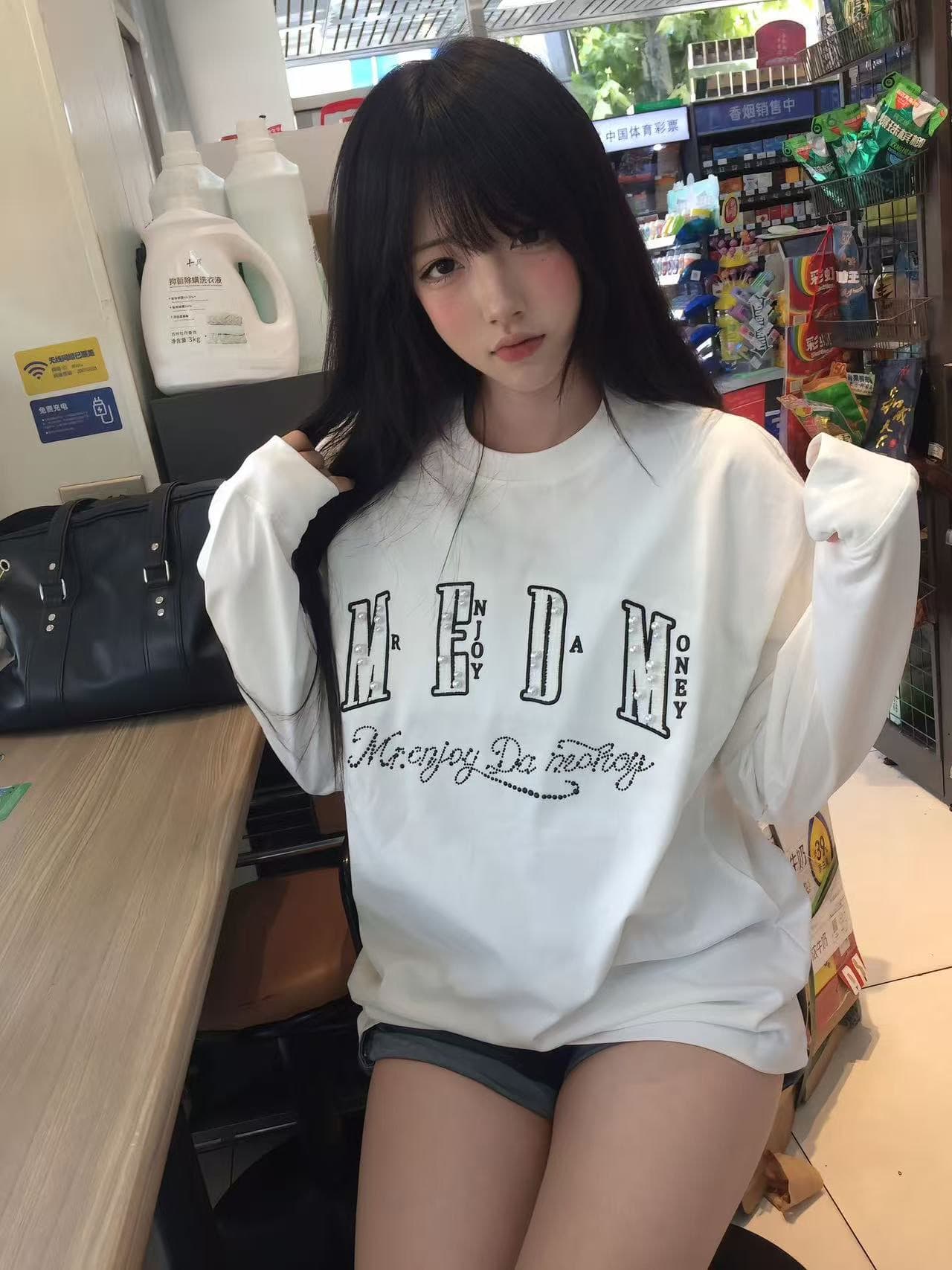 원본 작은 샤넬 스타일 자수 비즈 박기 핫픽스 19 지점 220 그램 순면 긴팔 티셔츠 이미지 2
