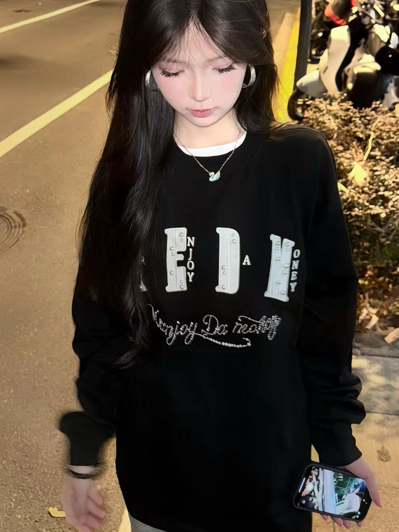 원본 작은 샤넬 스타일 자수 비즈 박기 핫픽스 19 지점 220 그램 순면 긴팔 티셔츠 이미지 3