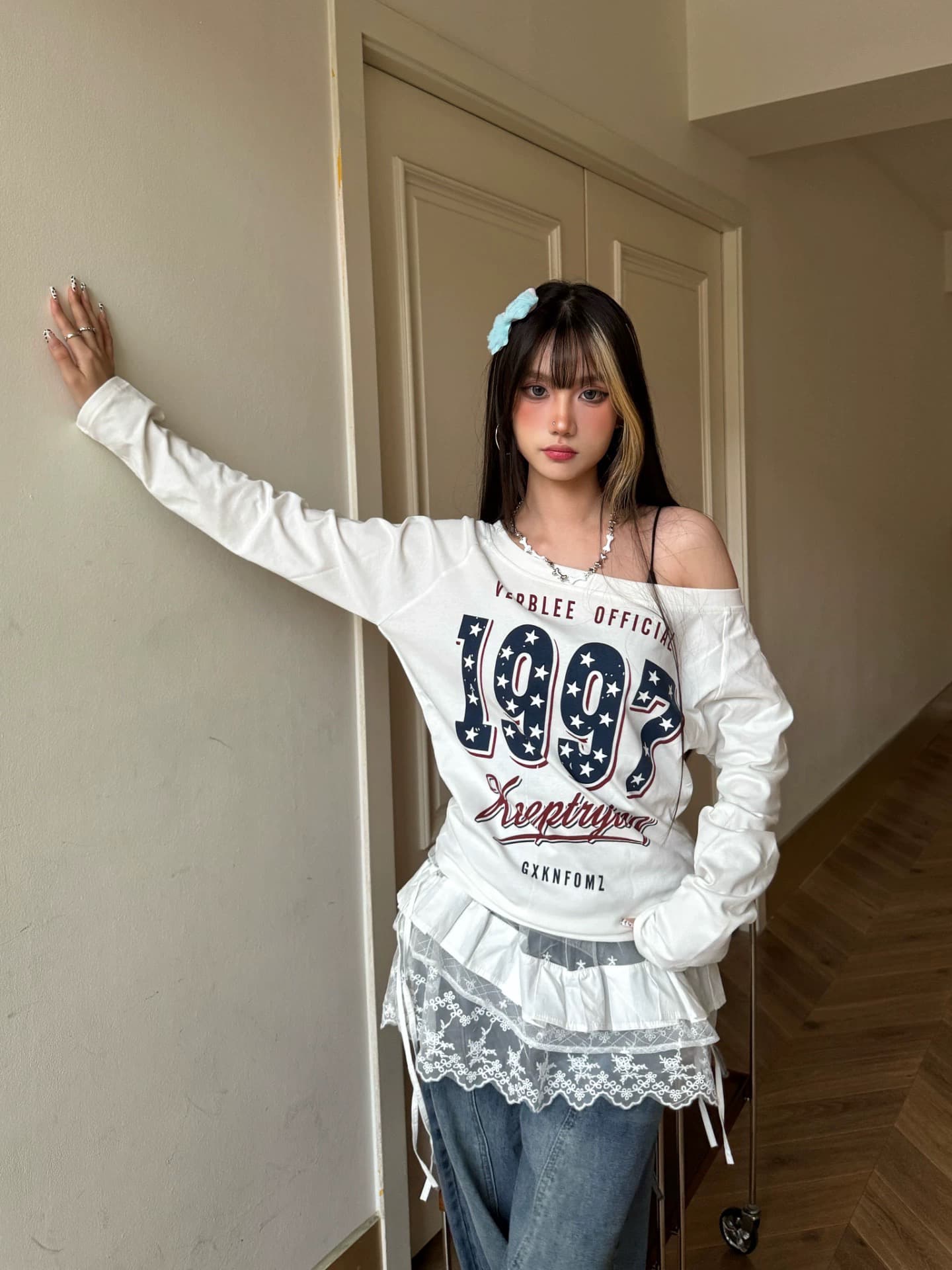 220 그램 92 면 8 암모니아 Lun 아메리칸 레트로 핫걸 오프숄더 긴팔 티셔츠 여성 이른 가을 루즈핏 맨위 상세 이미지 5
