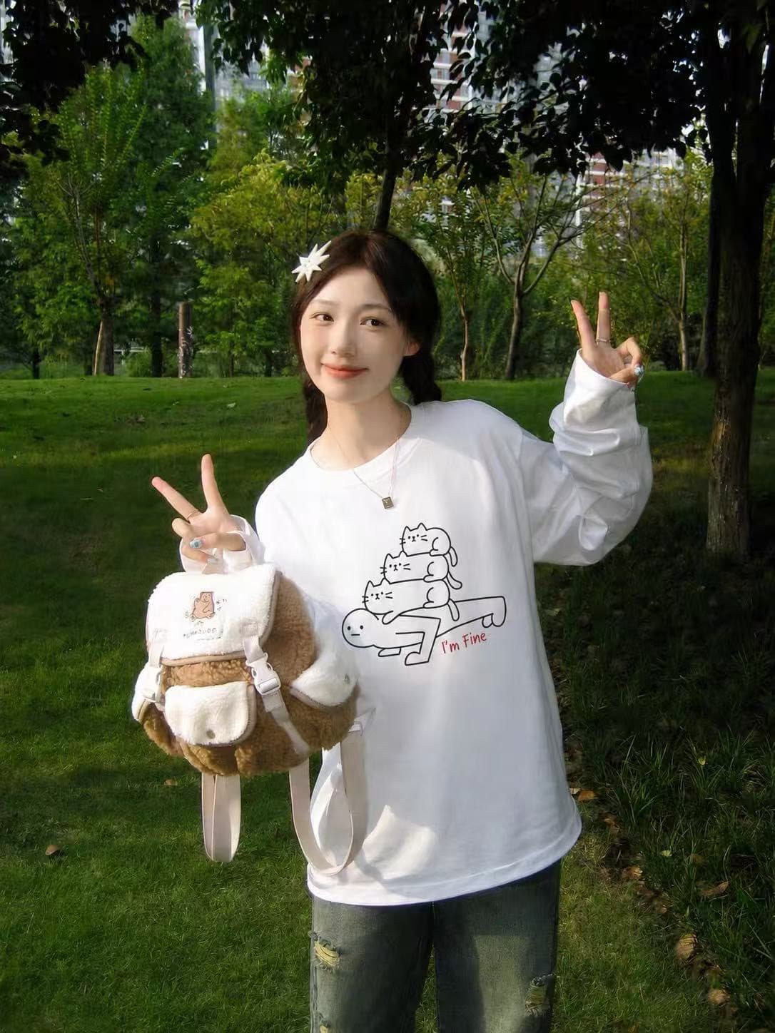 한 부서 순면 라운드 넥 프린트 루즈핏 만나는 긴팔 이미지 2