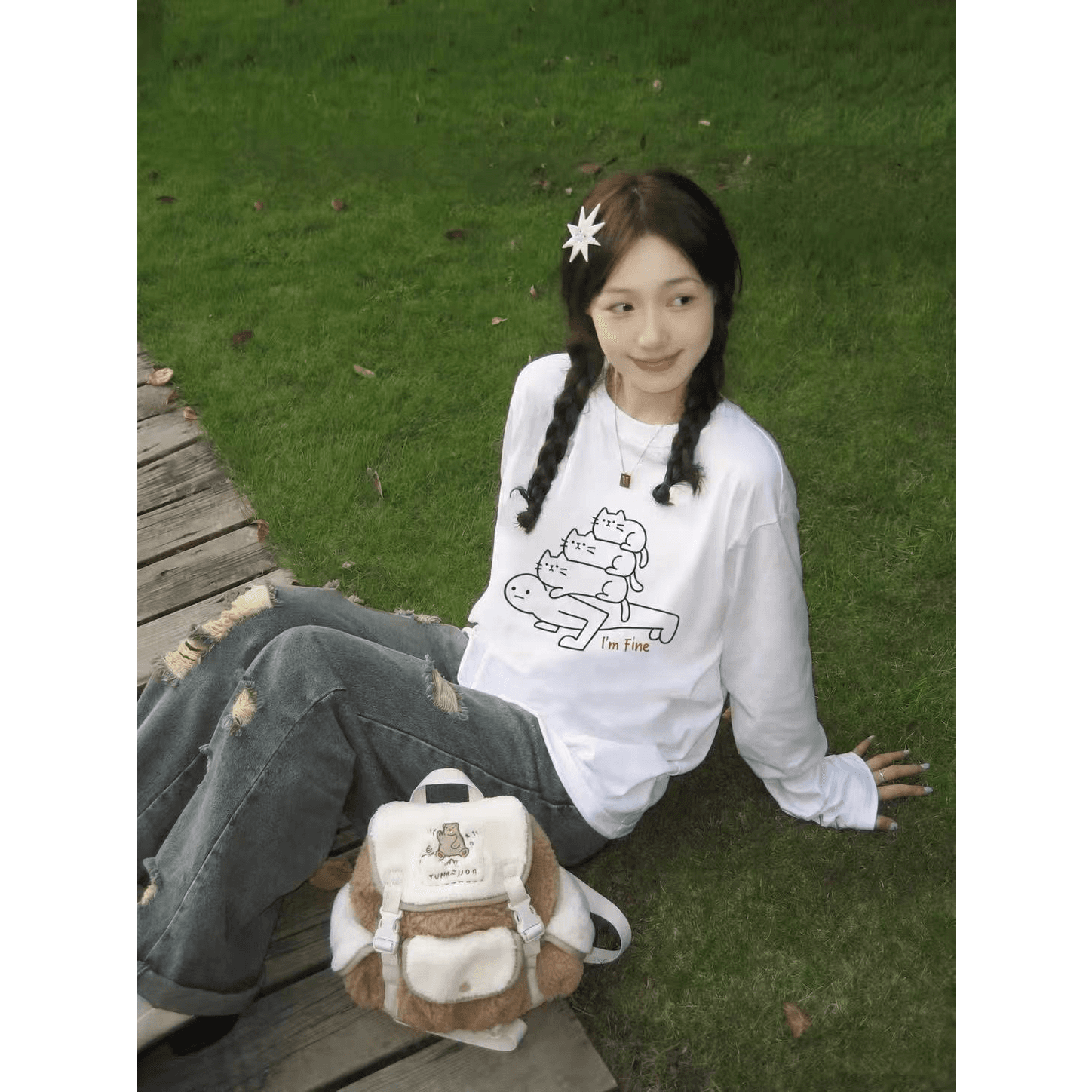 한 부서 순면 라운드 넥 프린트 루즈핏 만나는 긴팔 이미지 5