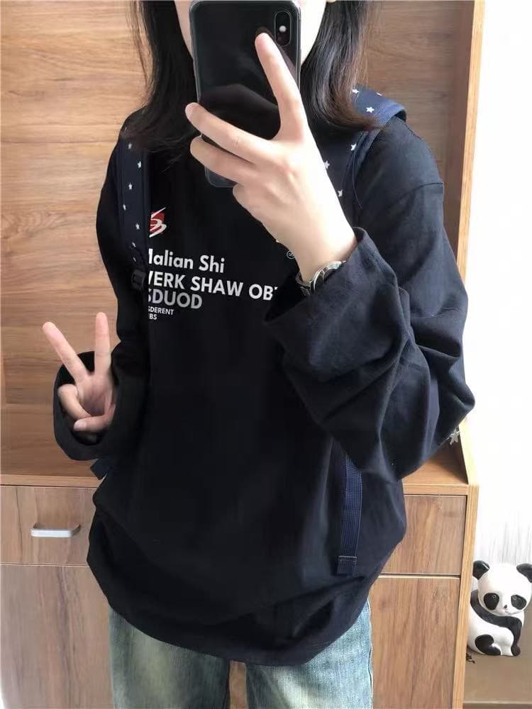 한 부서 순면 라운드 넥 프린트 루즈핏 만나는 긴팔 티셔츠 이미지 3