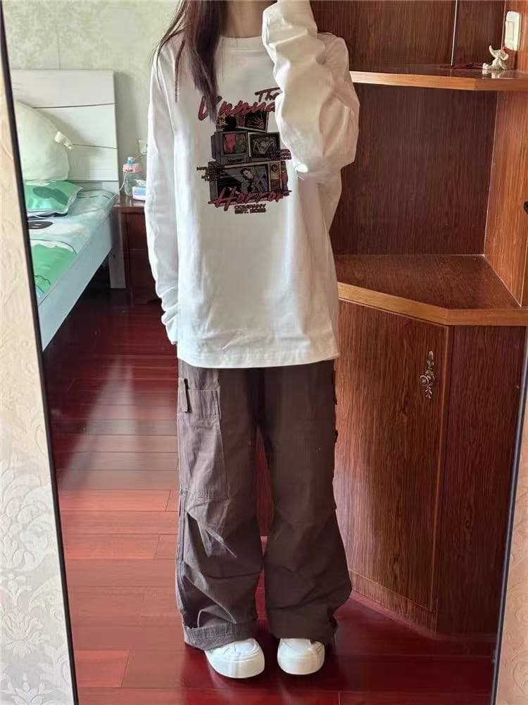 한 부서 순면 라운드 넥 프린트 루즈핏 만나는 긴팔 티셔츠 이미지 3