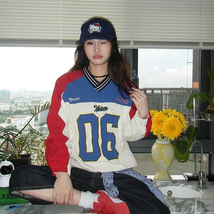 아메리칸 거리 V넥 패션 숫자 가을 의상 패치워크 배색 조수 브랜드 자켓 밴딩 펌프 로프 긴팔 바람막이 여성