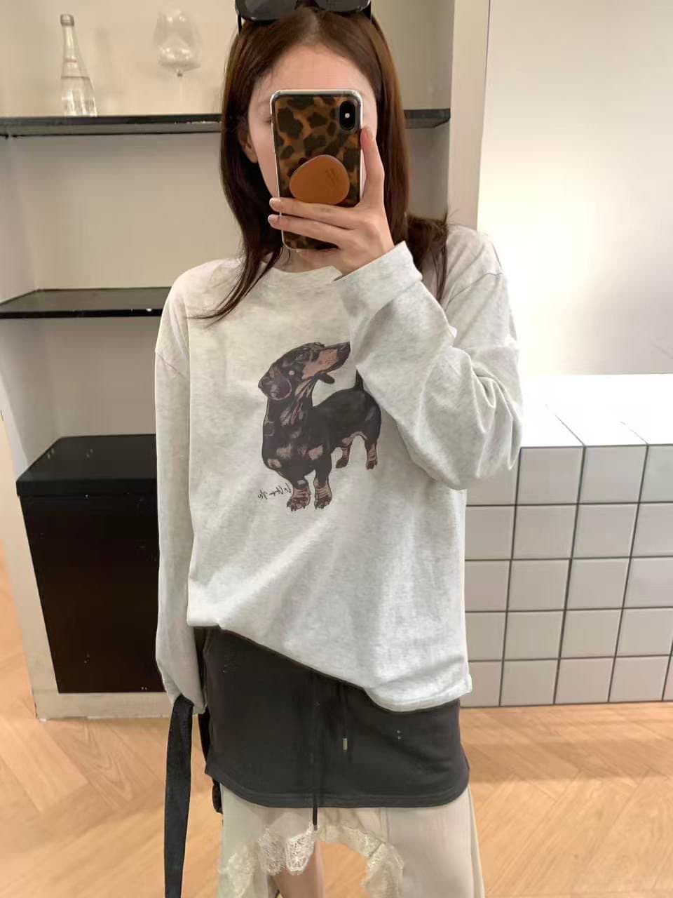 높은 품질 순면 200그램 21 빗질하다 정밀 프린트 가을 루즈핏 긴팔 티셔츠 여성 상세 이미지 4