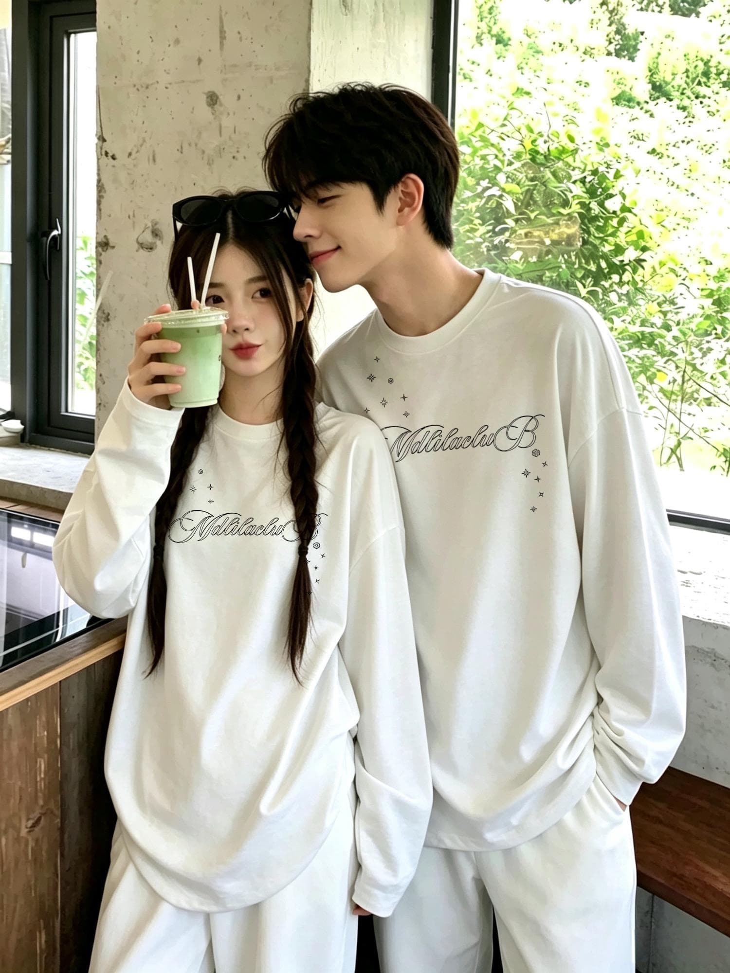 빗질하다 순면 닫기 이른 가을 레트로 별 프린트 커플 긴팔 티셔츠 캐주얼 다용도 이미지 4