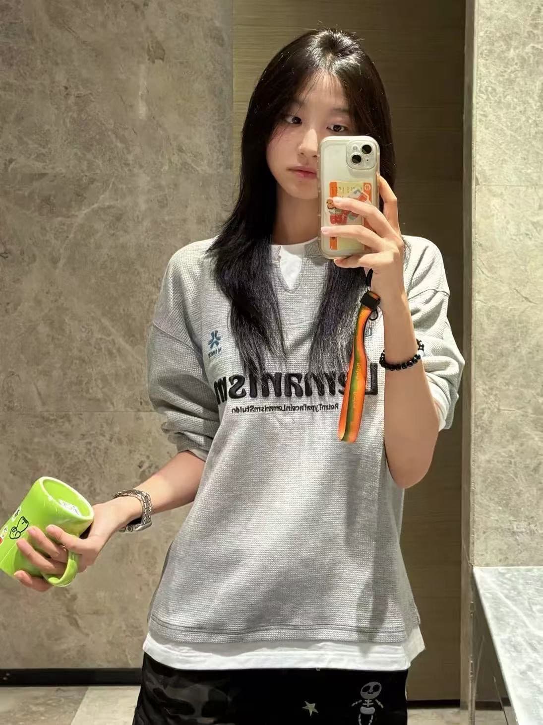 있음 선적 원본 솜씨 압력 라인 페이크 레이어드 자수 광저우 포함 Mianhua 남편 그리드 후드티 이미지 2