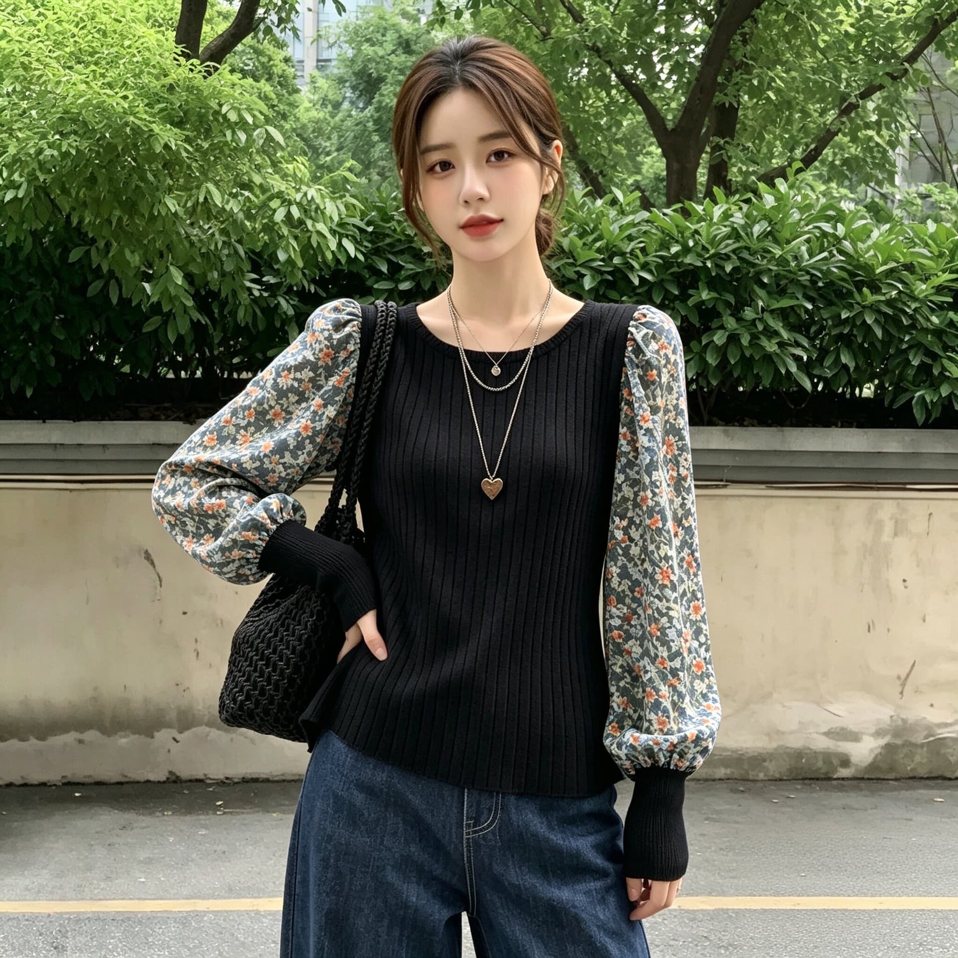 꽃무늬 패치워크 니트 긴 소매 여성 셔츠 가을 슬림해 보이는 프랑스식 품격 연령 감소 거품 소매 맨위 이미지 5