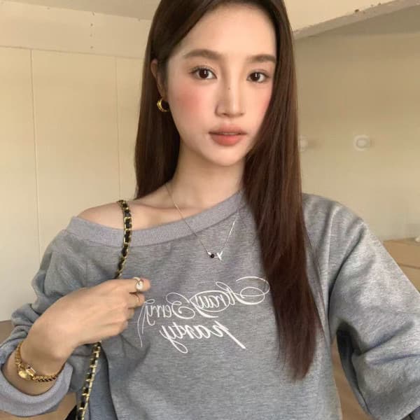 아메리칸 레트로 프린트 비스듬한 어깨 후드티 여성 가을 겨울 루즈핏 맨위 이미지 2
