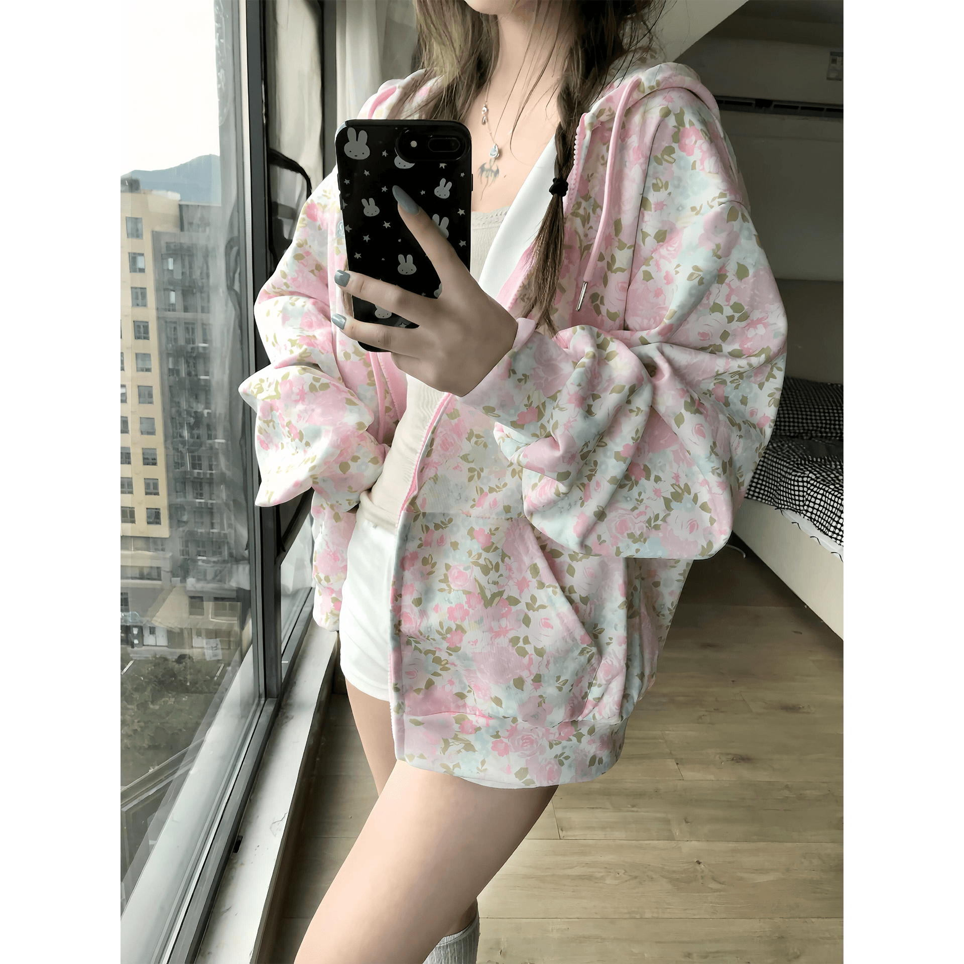 얇은 스타일 밑단 리브 이후 패키지 칼라 순수한 Mianhua 면 복합 후드티 여성 이미지 5
