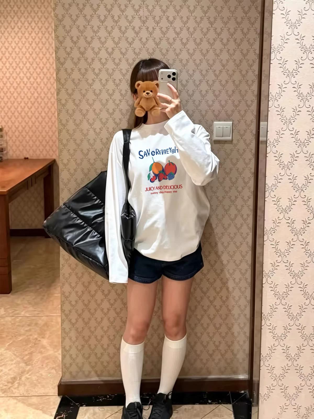 높은 품질 순면 200그램 21 빗질하다 정밀 프린트 가을 루즈핏 긴팔 티셔츠 여성 이미지 2