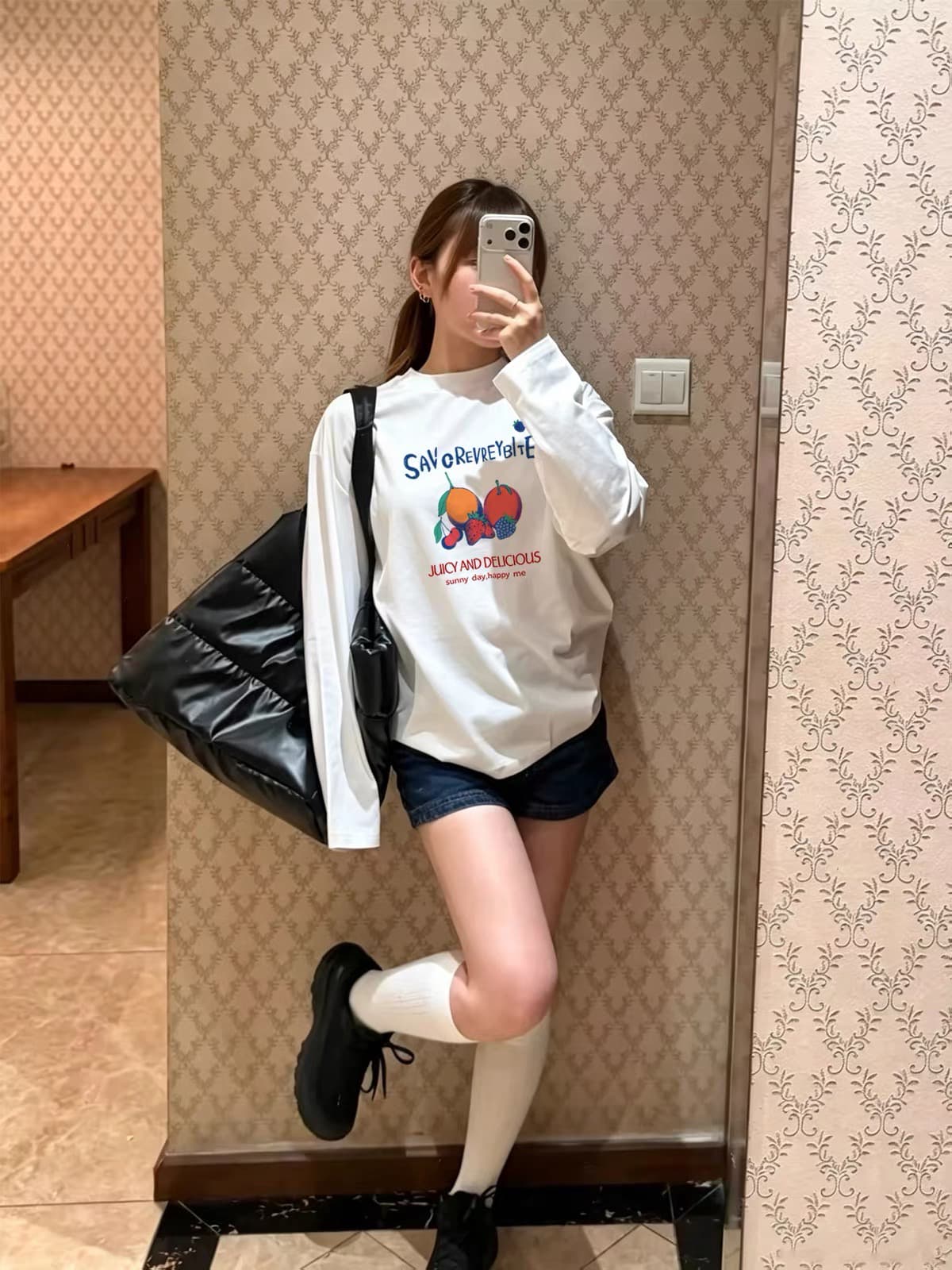 높은 품질 순면 200그램 21 빗질하다 정밀 프린트 가을 루즈핏 긴팔 티셔츠 여성 이미지 4