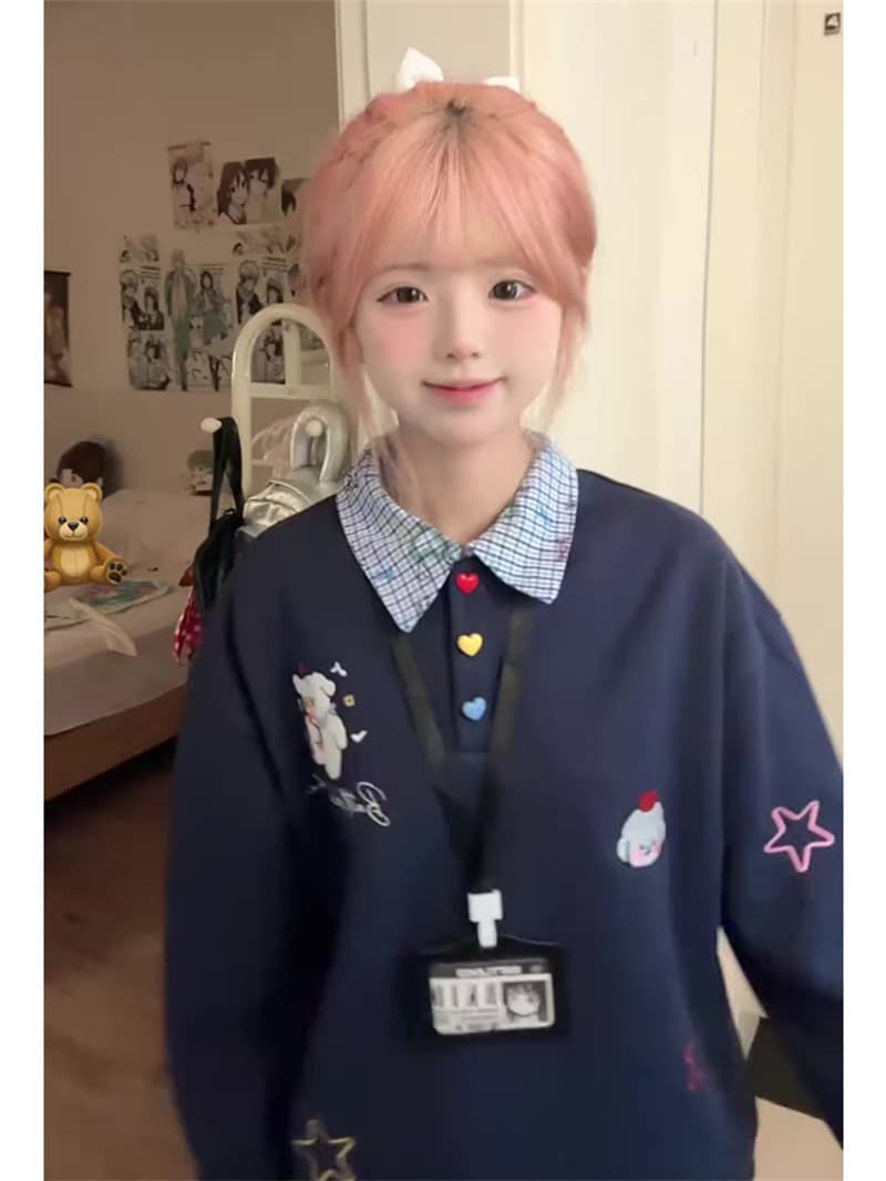 원본 솜씨 압력 라인 벨트 목록 자수 순수한 Mianhua 면 복합 폴로 칼라 후드티 상세 이미지 6