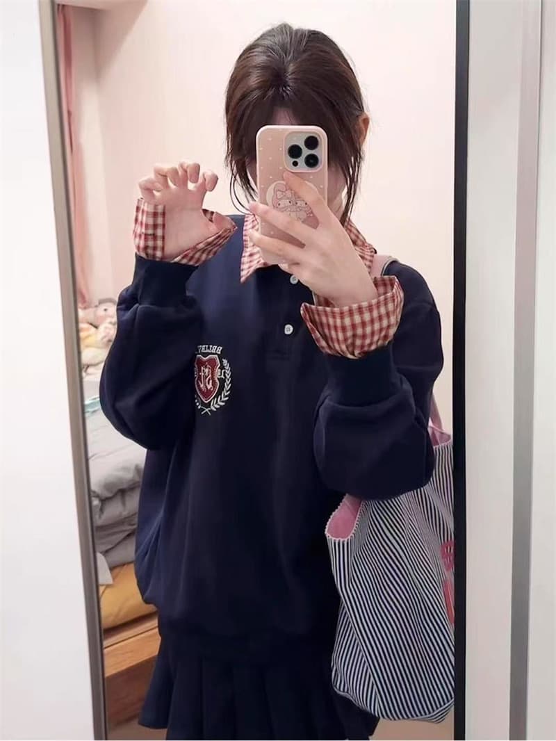 있음 선적 원본 압력 라인 광저우 체크무늬 자수 순수한 Mianhua 면 복합 폴로 칼라 후드티 이미지 2