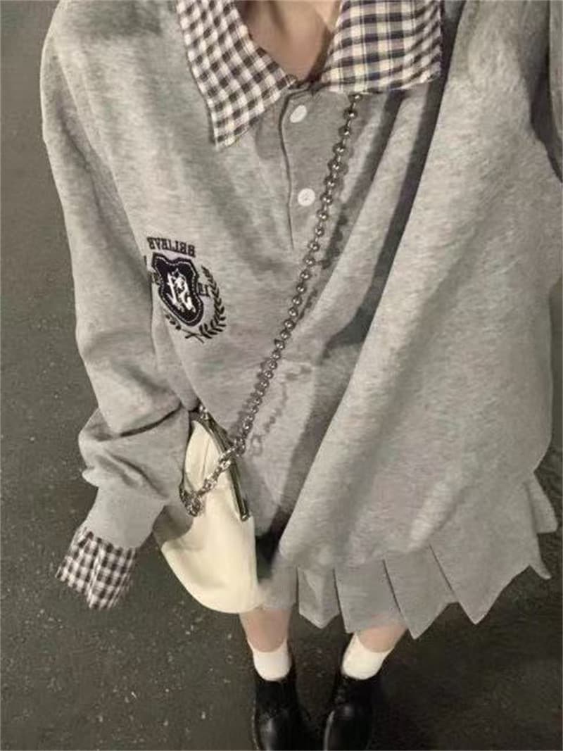 있음 선적 원본 압력 라인 광저우 체크무늬 자수 순수한 Mianhua 면 복합 폴로 칼라 후드티 이미지 3