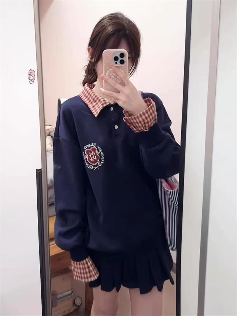있음 선적 원본 압력 라인 광저우 체크무늬 자수 순수한 Mianhua 면 복합 폴로 칼라 후드티 이미지 4