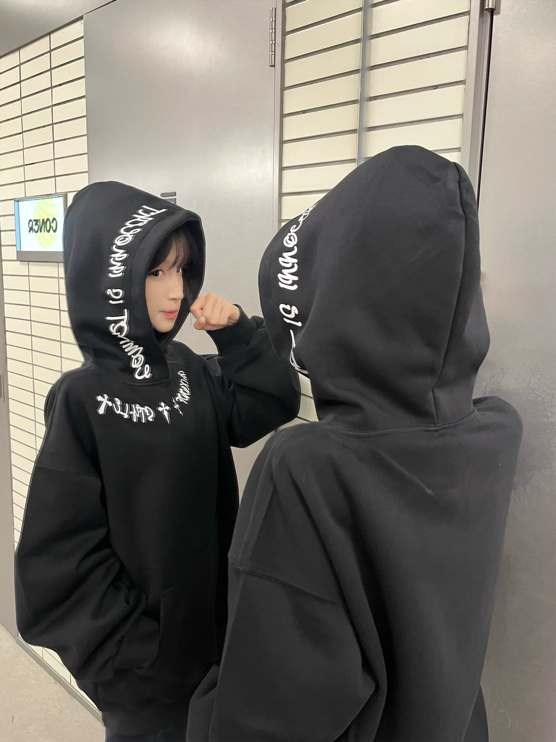 후아 면 복합 없음 모자 로프 있음 주머니 후드 티 스웨터 여성 얇은 스타일 털이 있는 상세 이미지 2