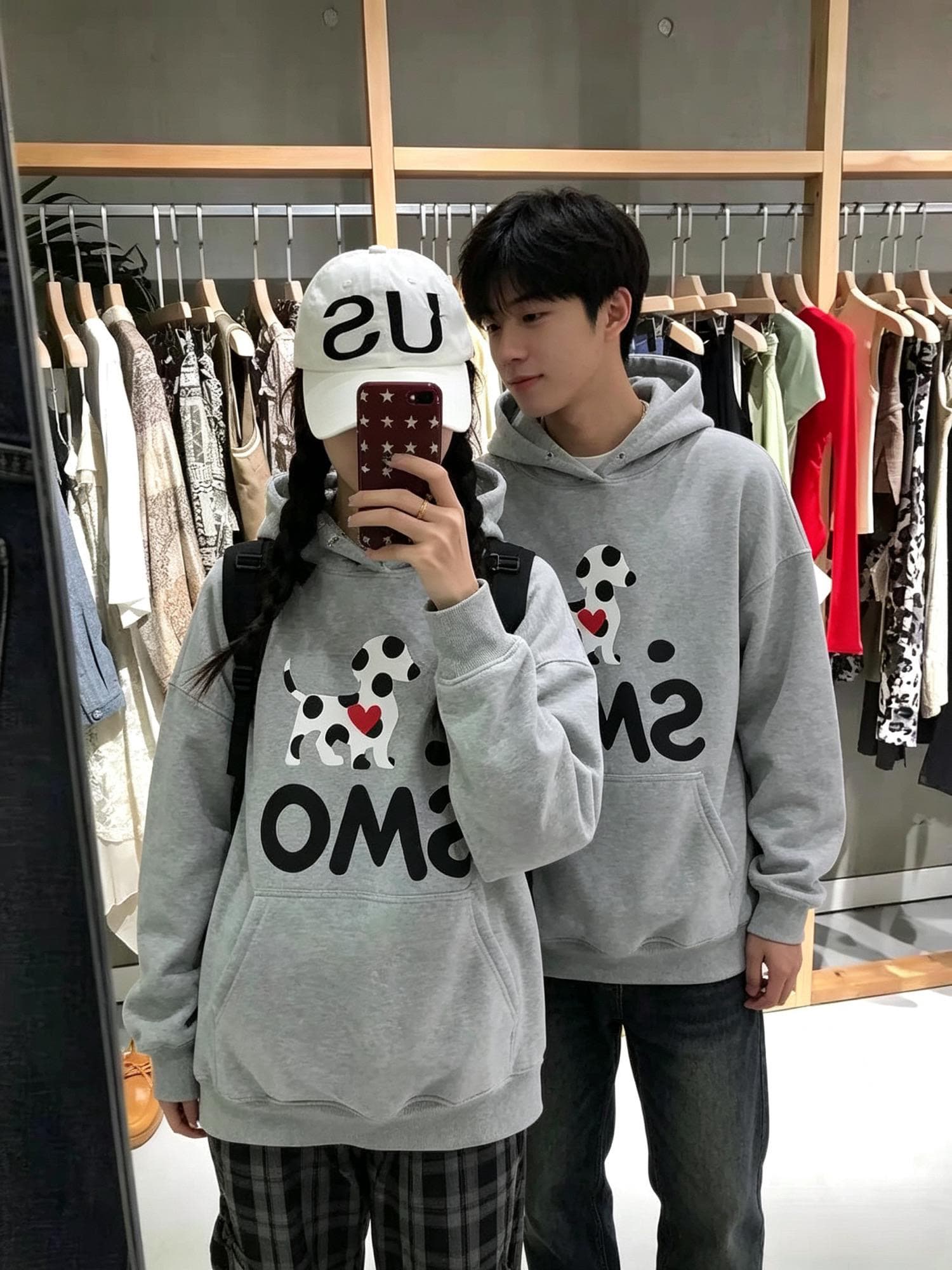 아메리칸 레트로 하트 도트 무늬 강아지 커플 후드 티 스웨터 여성 가을 겨울 느긋한 바람 루즈핏 캐주얼 맨위 상세 이미지 5