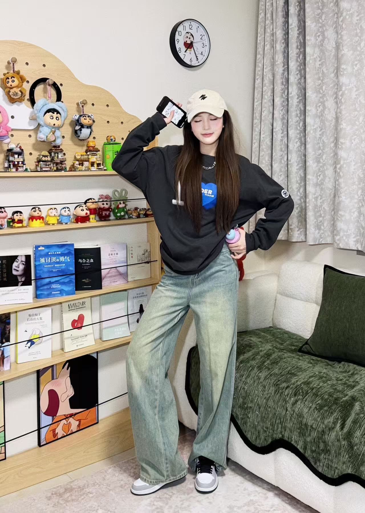 원본 것 순면 200그램 21 음식 털 느낌 프린트 루즈핏 만나는 손 소매 뭉치 구두 긴팔 티셔츠 이미지 3