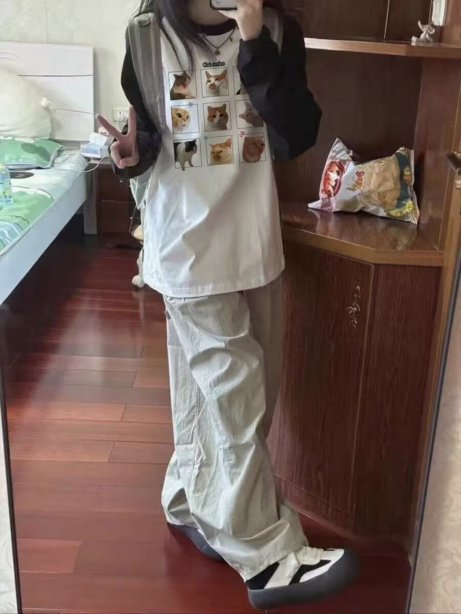 높은 품질 순면 200그램 21 빗질하다 정밀 프린트 가을 패치워크 색상 긴팔 티셔츠 여성 상세 이미지 3