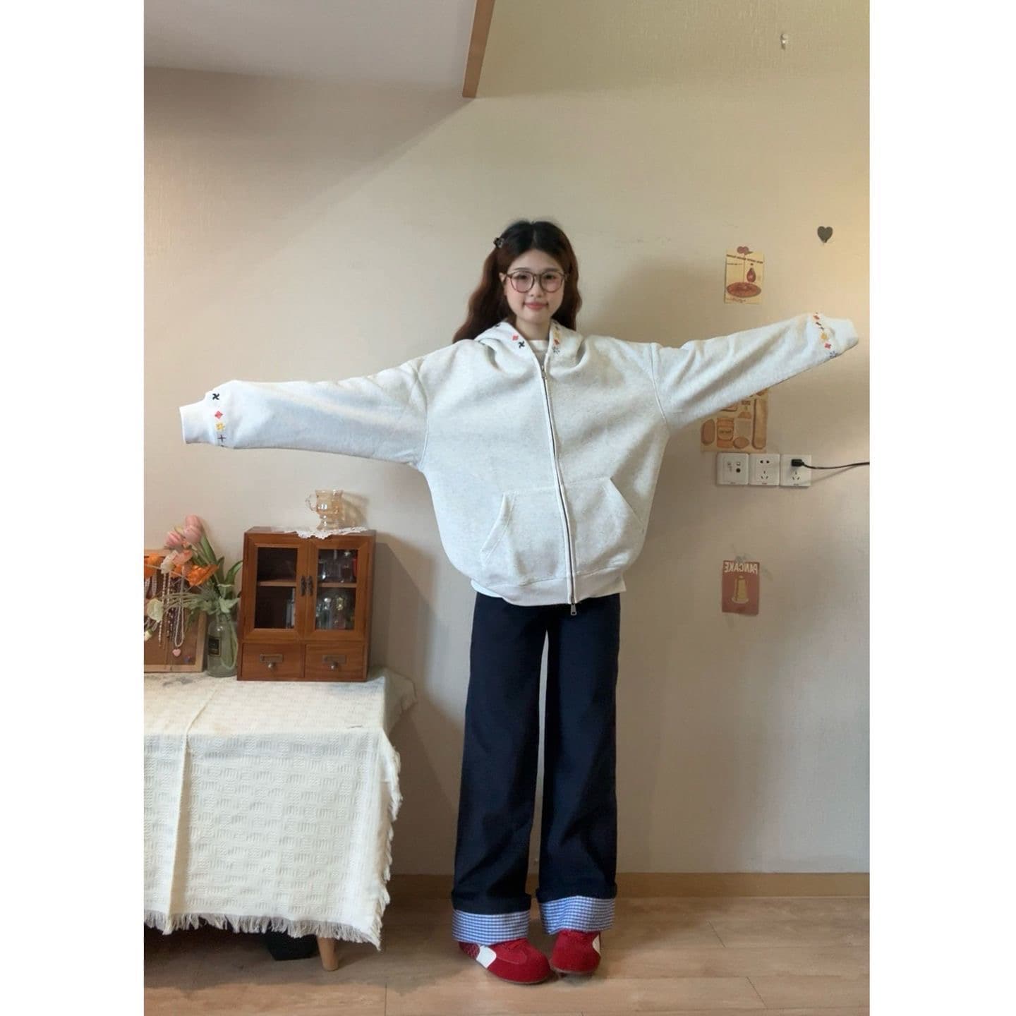 얇은 스타일 자수 순수한 Mianhua 면 복합 후드티 여성 이미지 2