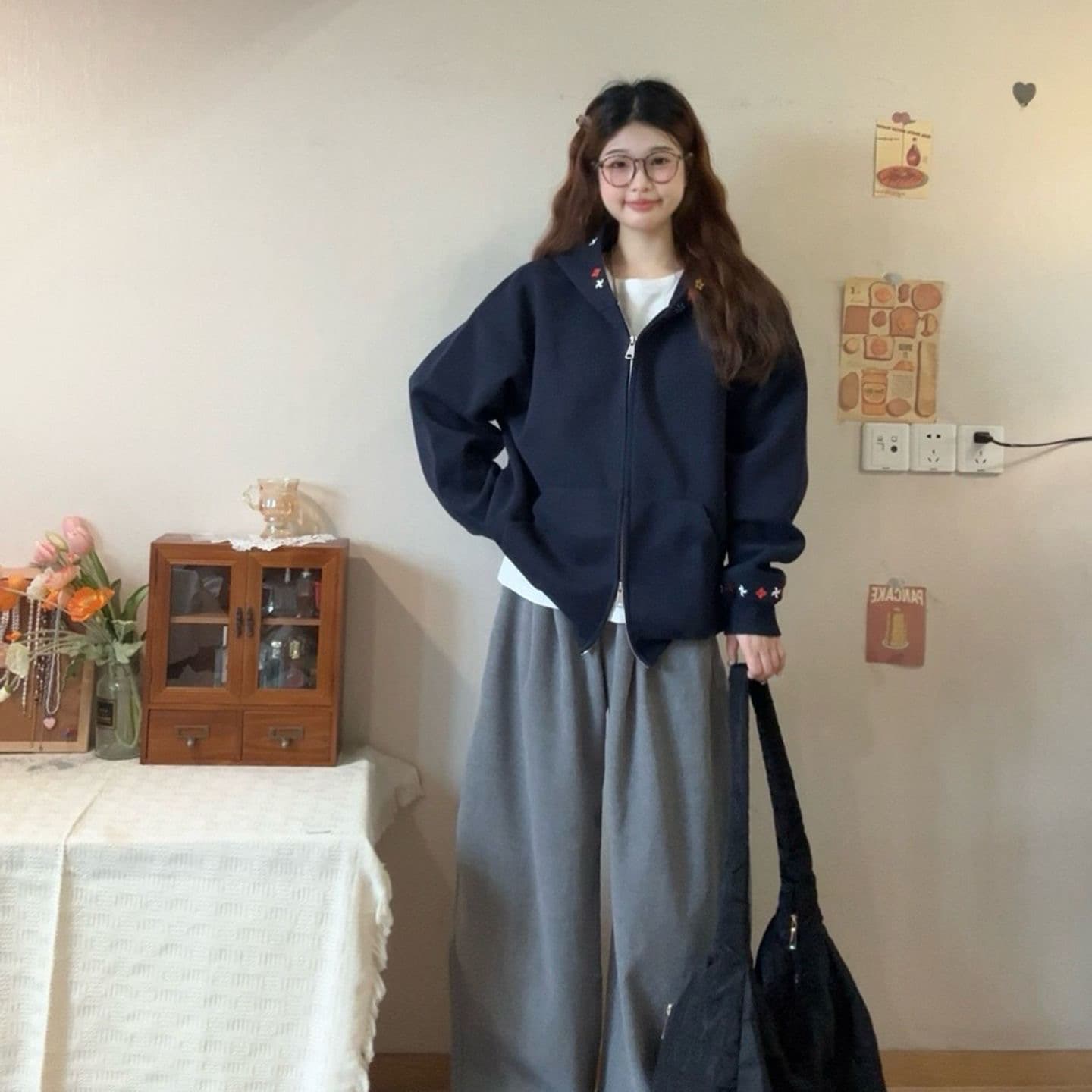 얇은 스타일 자수 순수한 Mianhua 면 복합 후드티 여성 이미지 5