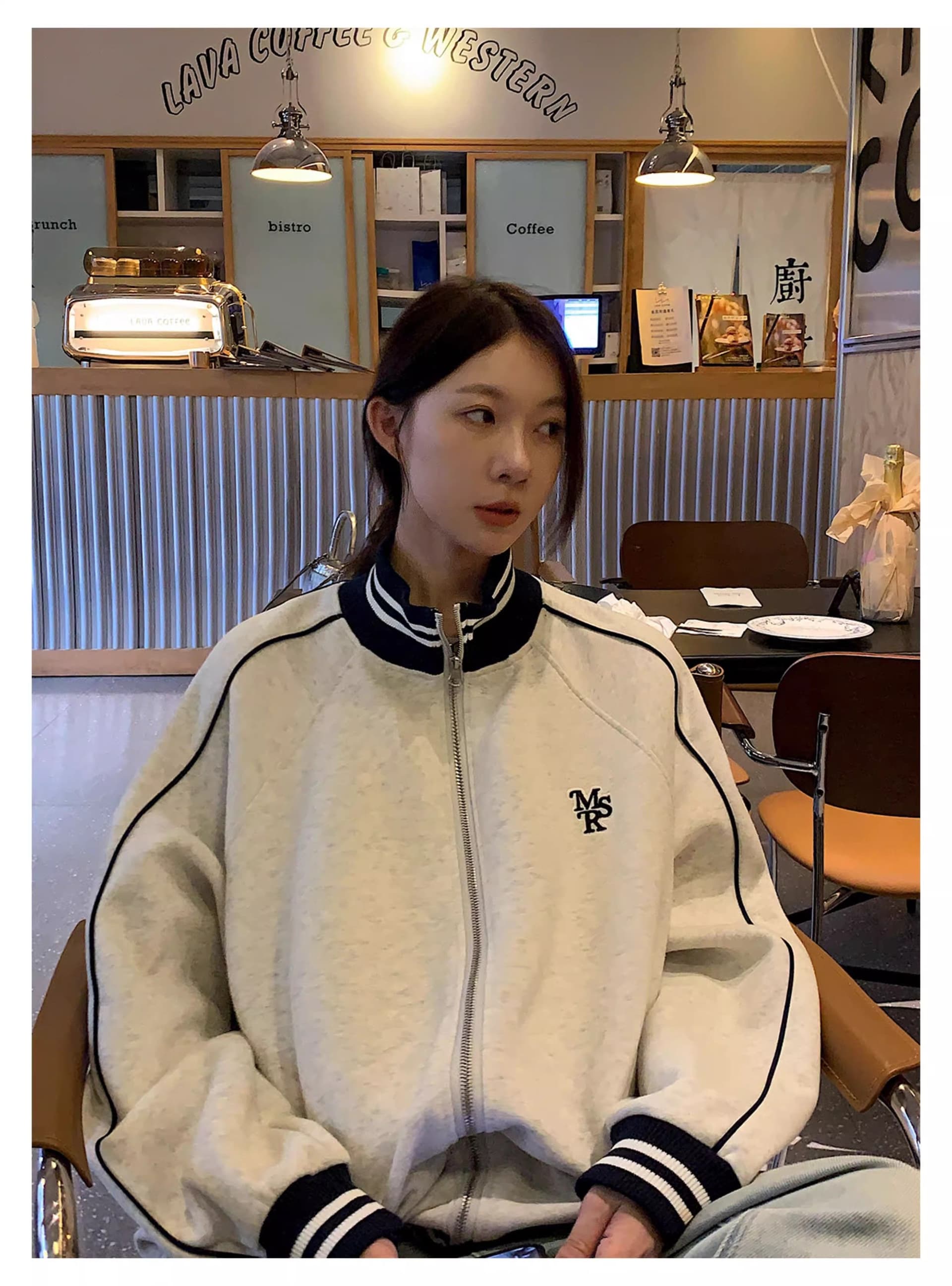 원본 크기 자수 원본 니트 Luokou 순면 복합 자수 스탠드 칼라 후드티 여성 코트