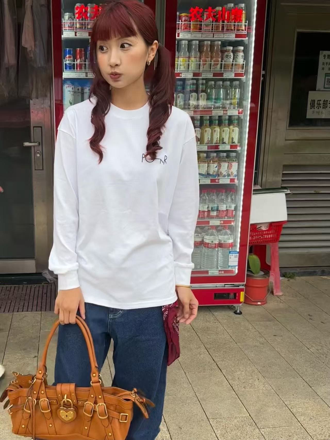 원본 것 순면 200그램 21 음식 털 느낌 프린트 루즈핏 만나는 손 소매 뭉치 구두 긴팔 티셔츠 이미지 3