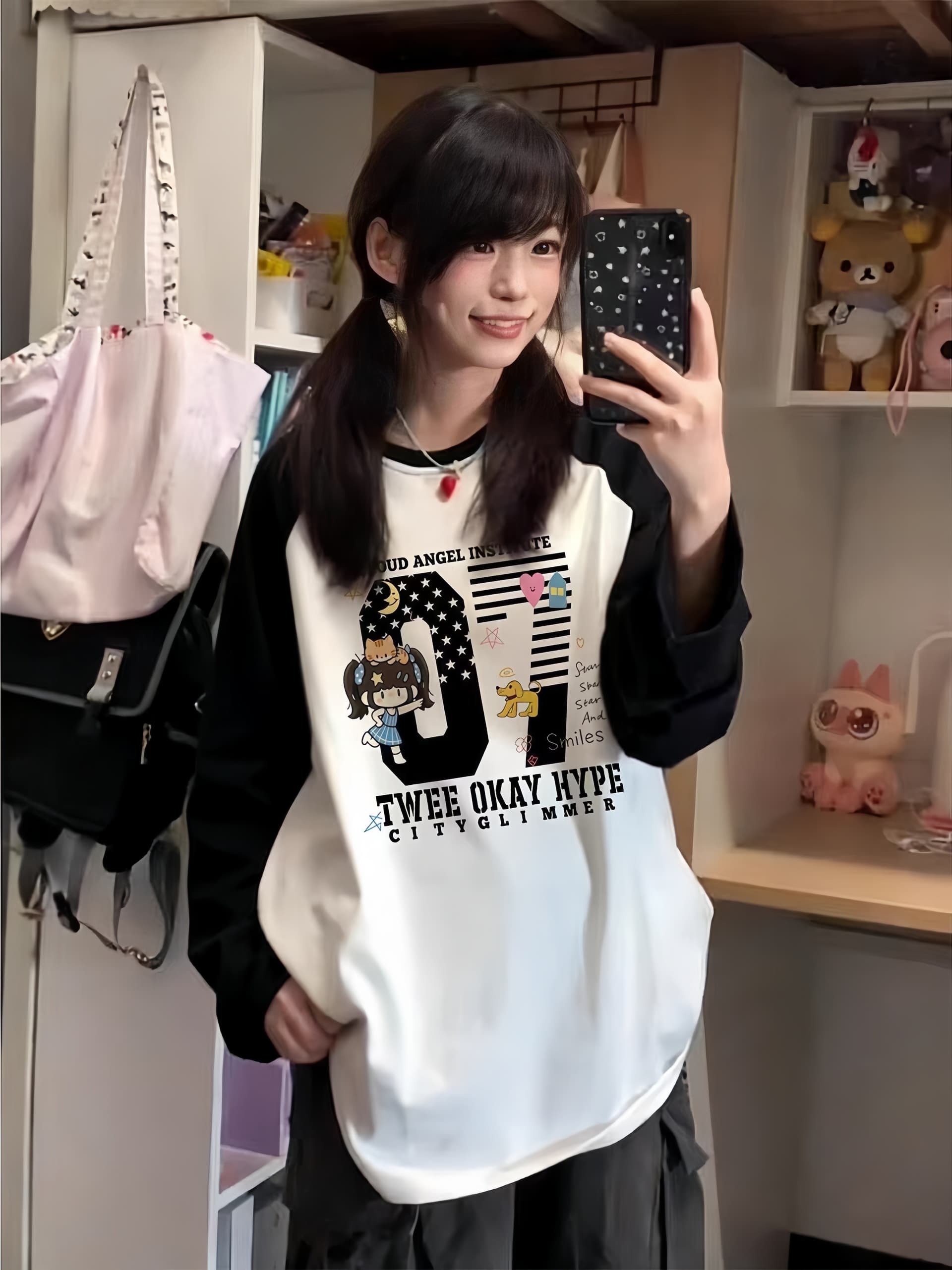 높은 품질 순면 200그램 21 빗질하다 정밀 프린트 가을 패치워크 색상 긴팔 티셔츠 여성 상세 이미지 1