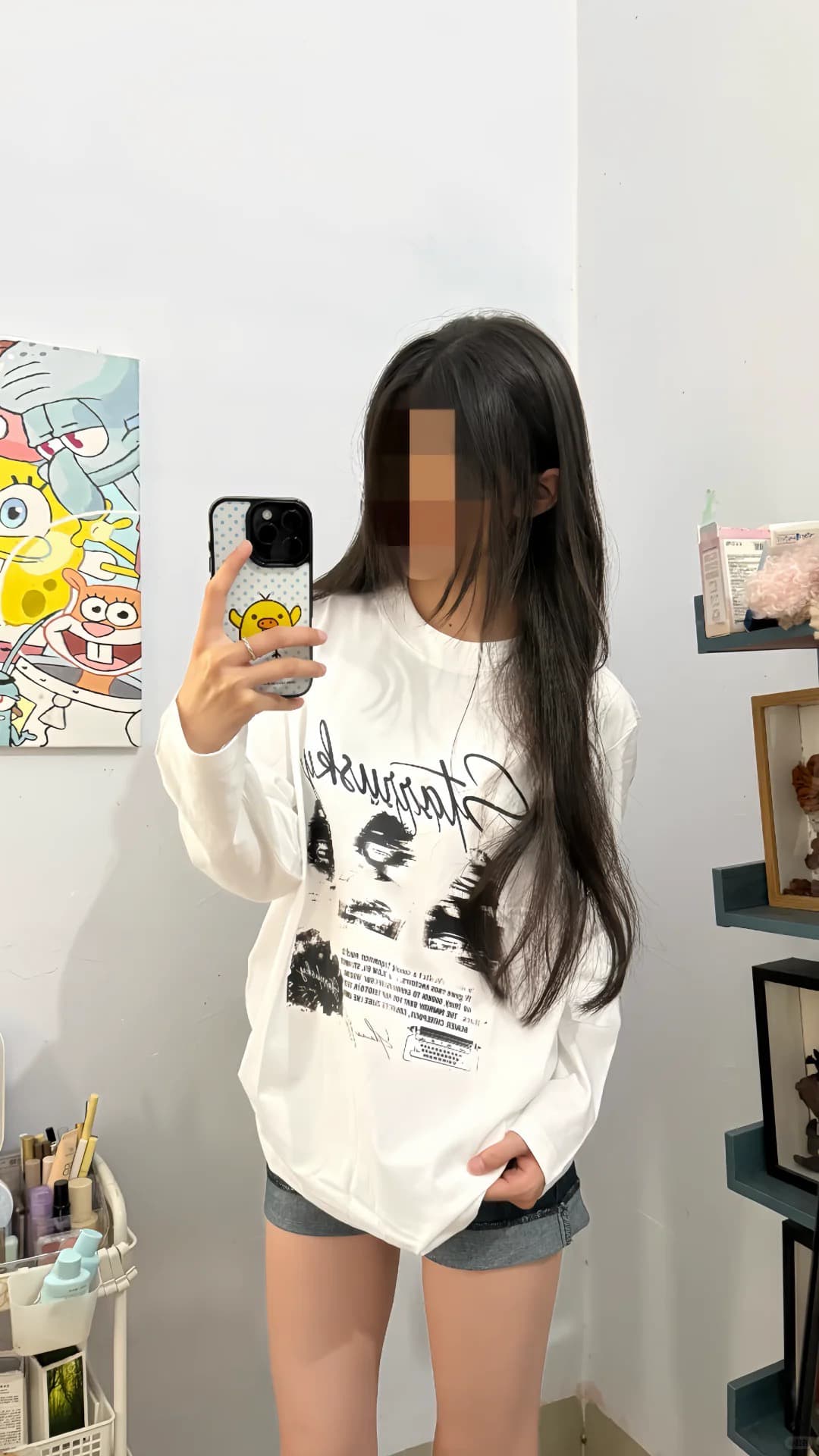 높은 품질 순면 200그램 21 빗질하다 정밀 프린트 가을 루즈핏 긴팔 티셔츠 여성 상세 이미지 2