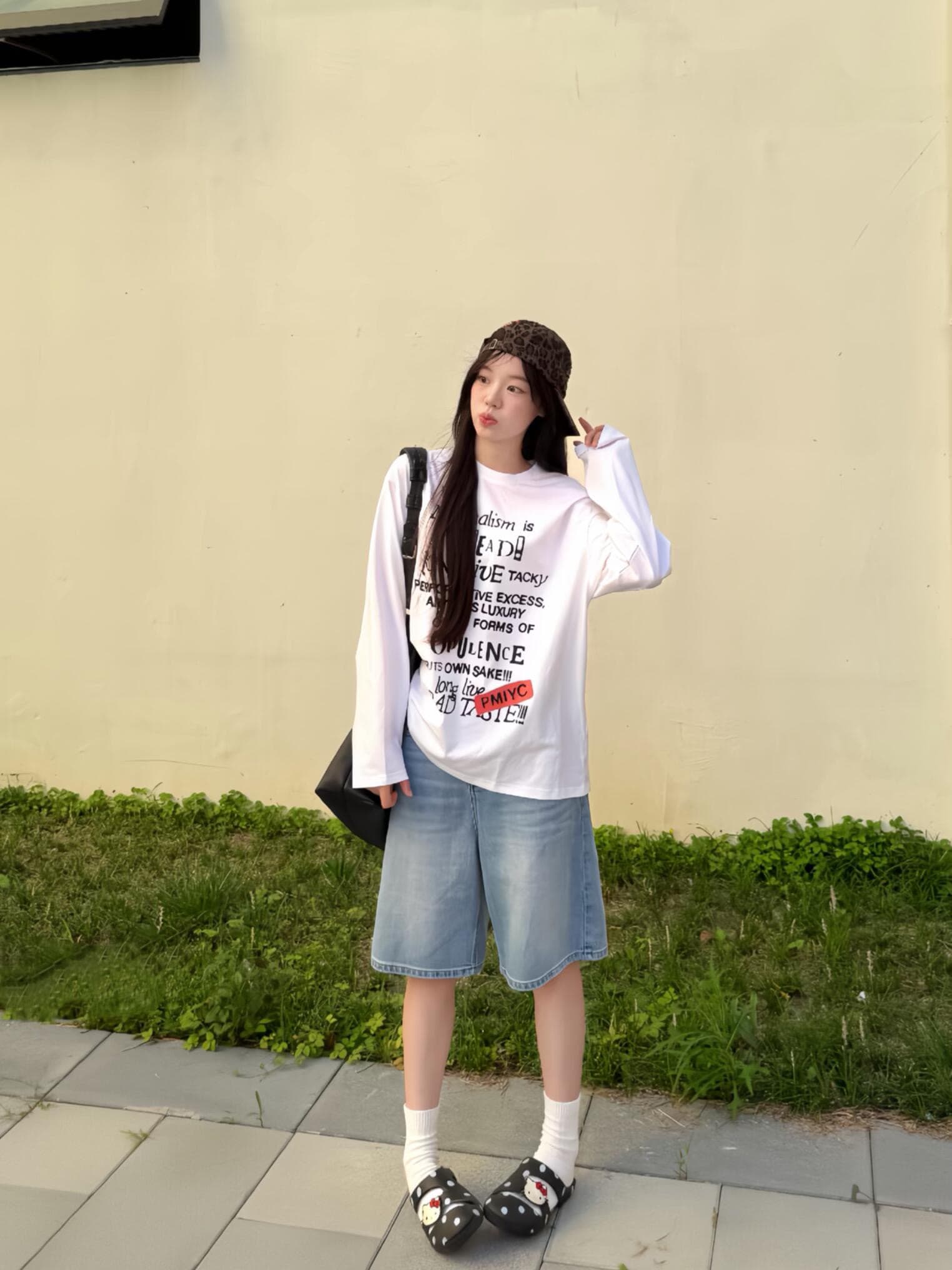 높은 품질 순면 200그램 21 빗질하다 정밀 프린트 가을 루즈핏 긴팔 티셔츠 여성 이미지 2