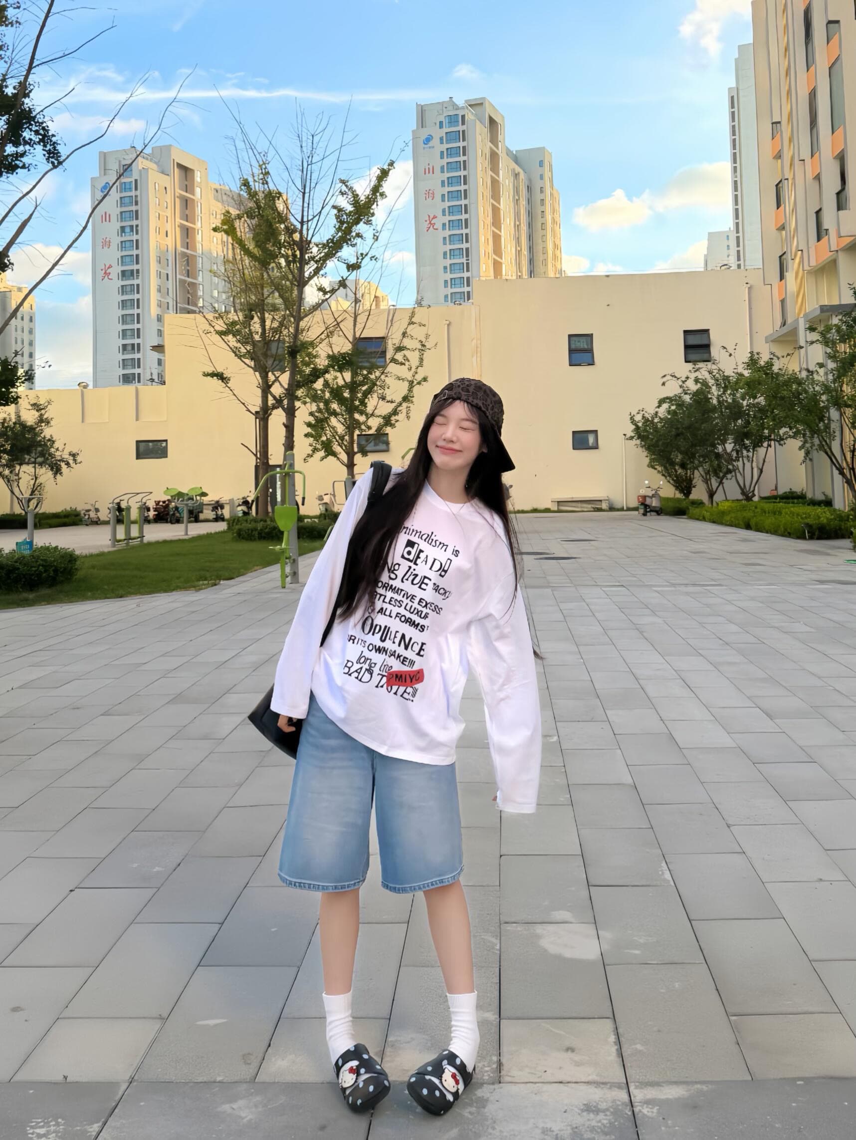 높은 품질 순면 200그램 21 빗질하다 정밀 프린트 가을 루즈핏 긴팔 티셔츠 여성 상세 이미지 4